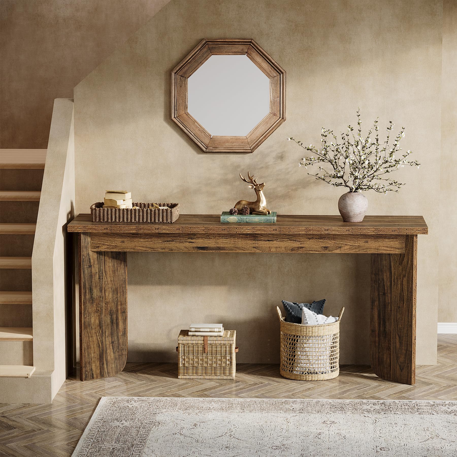 70.9" Wooden Sofa Console Table, Extra Long Farmhouse Entryway Table with Widened Top & Double Pedestal Base for Living Room, Rustic Brown