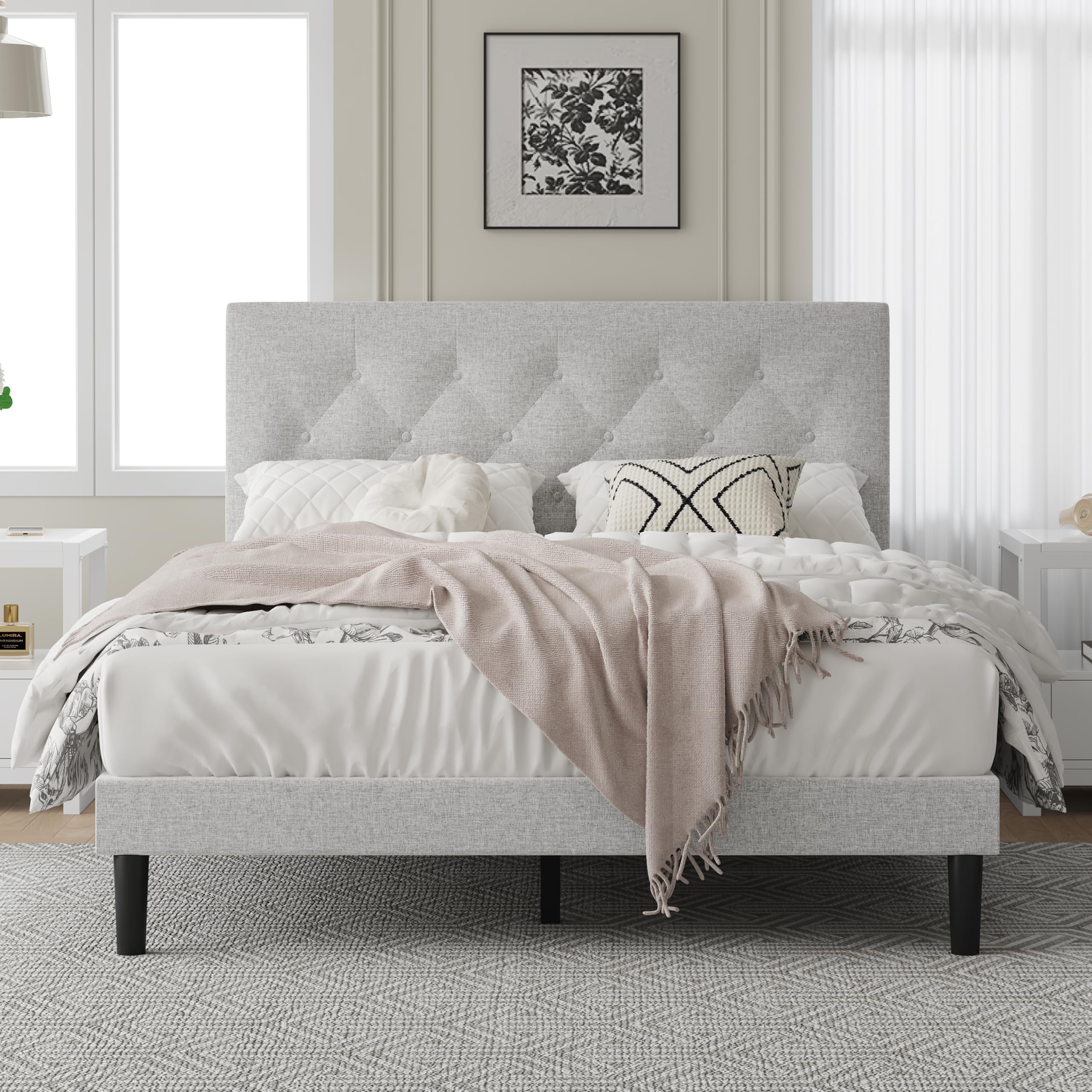 Full  with Fabric Button Upholstered Headboard and Wooden Slat Support, Sturdy Frame No Spring Mattress Required, Noiseless , Modern Bedroom