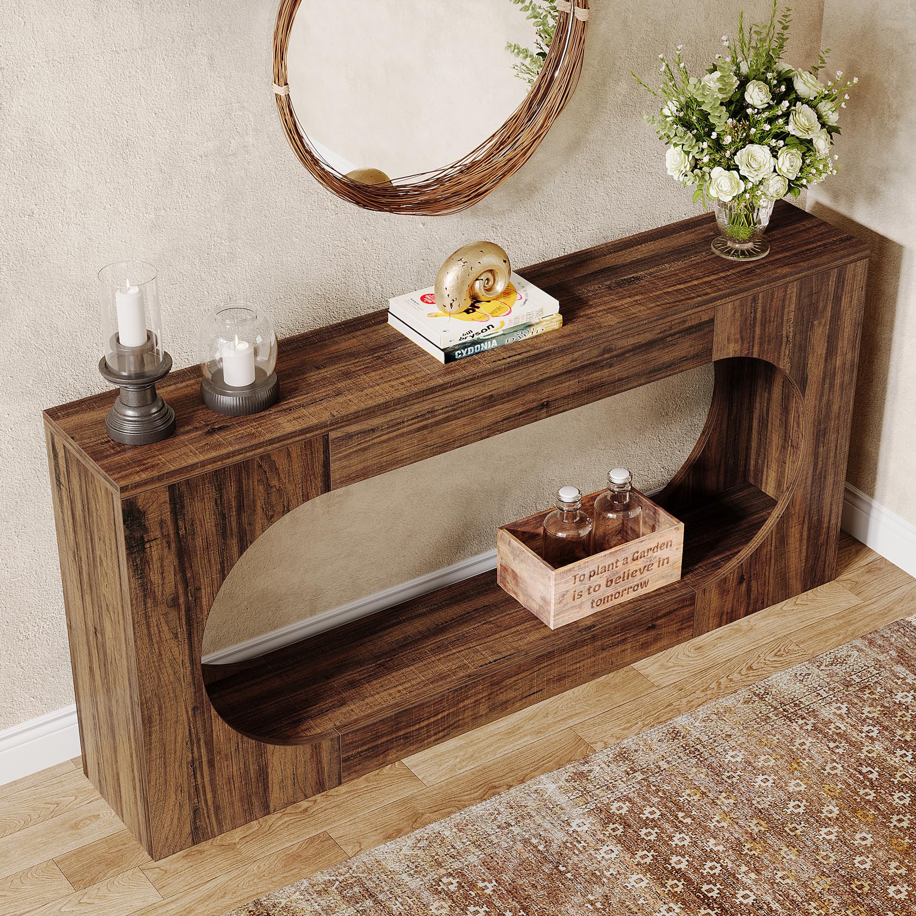 Console Table, 63 Inches Narrow Sofa Entryway Table with 2-Tier Storage Shelf, Hallway Behind Couch Table Accent Table for Living Room, Rustic Brown