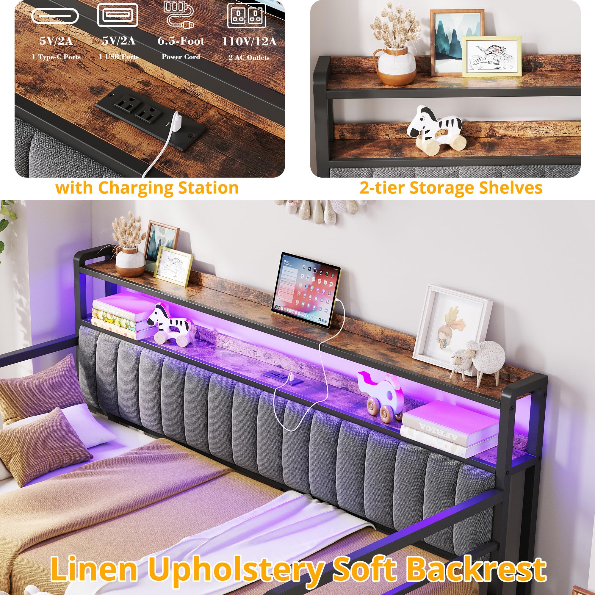 Twin Daybed with Trundle, LED Lights, Charging Station, 2-Tier Storage Shelves & Upholstered Headboard, Metal Frame, Bedroom