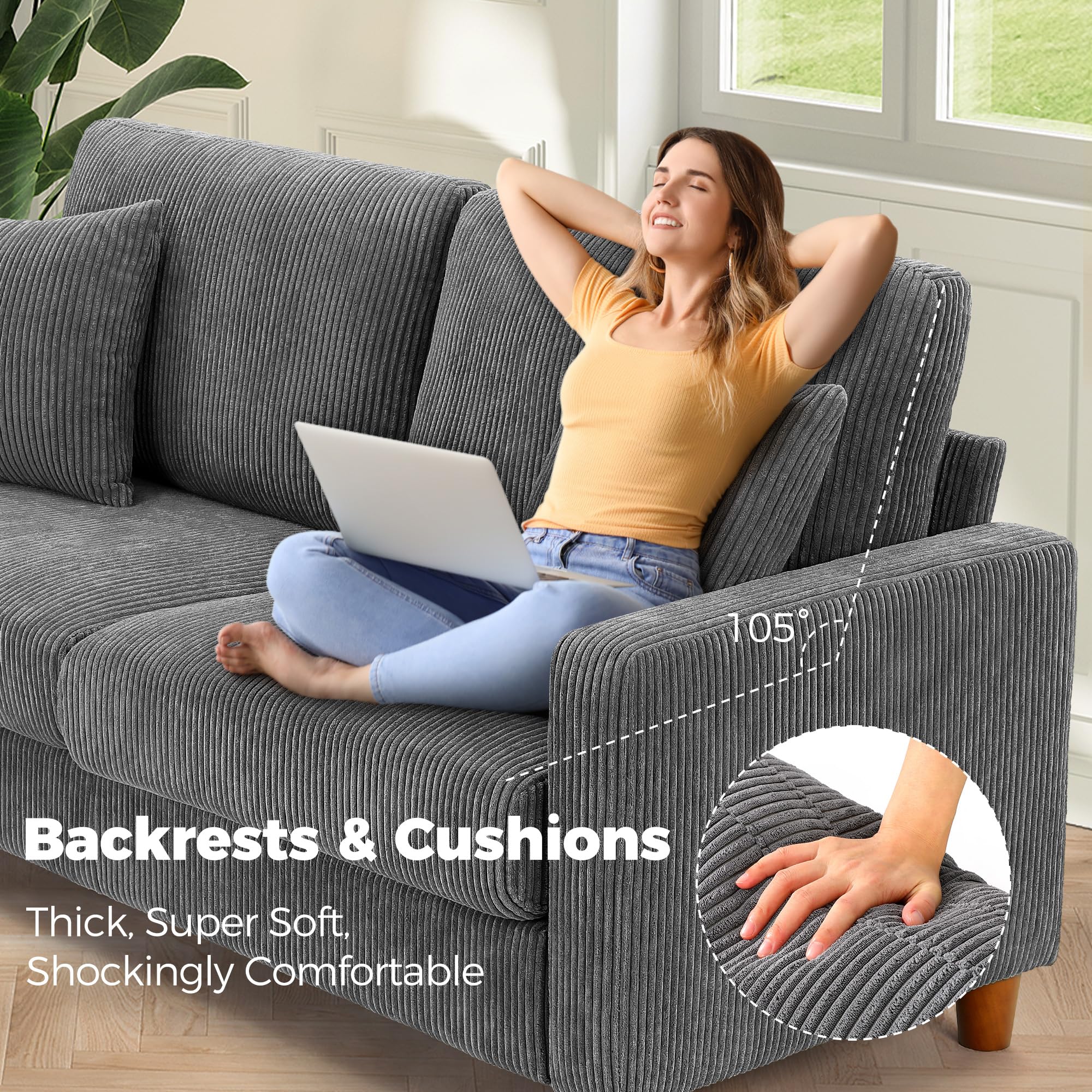 70" Grey Sofa with 21" Extra Deep Seats, Comfy Corduroy Loveseat with 2 Pillows, No-Tool Assembly, Oversized Couch for Living Room, Bedroom