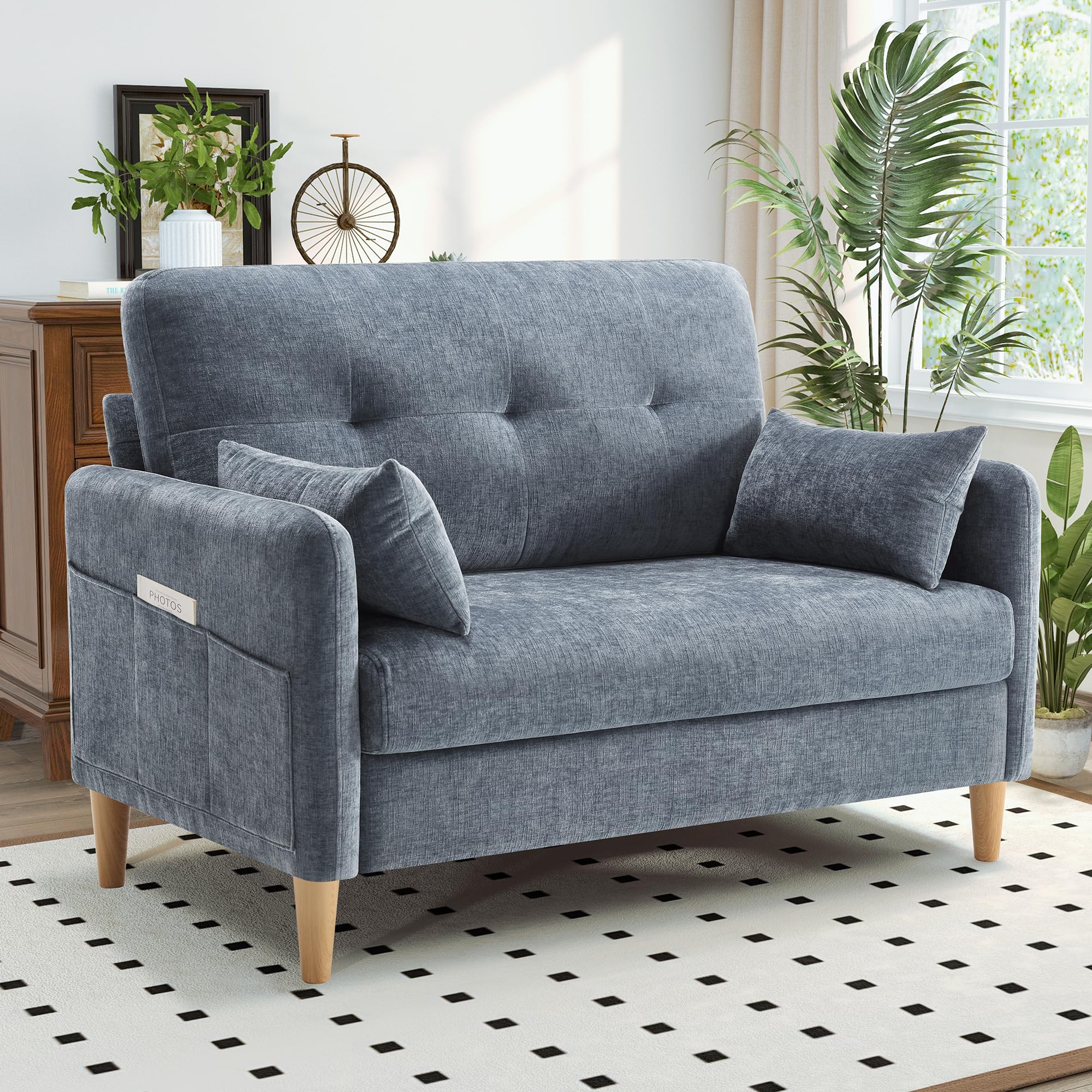 47” Loveseat Sofa, Small Comfy Chenille Couch for Living Room & Bedroom, Removable Cushion Cover with Throw Pillow, Perfect for Small Spaces