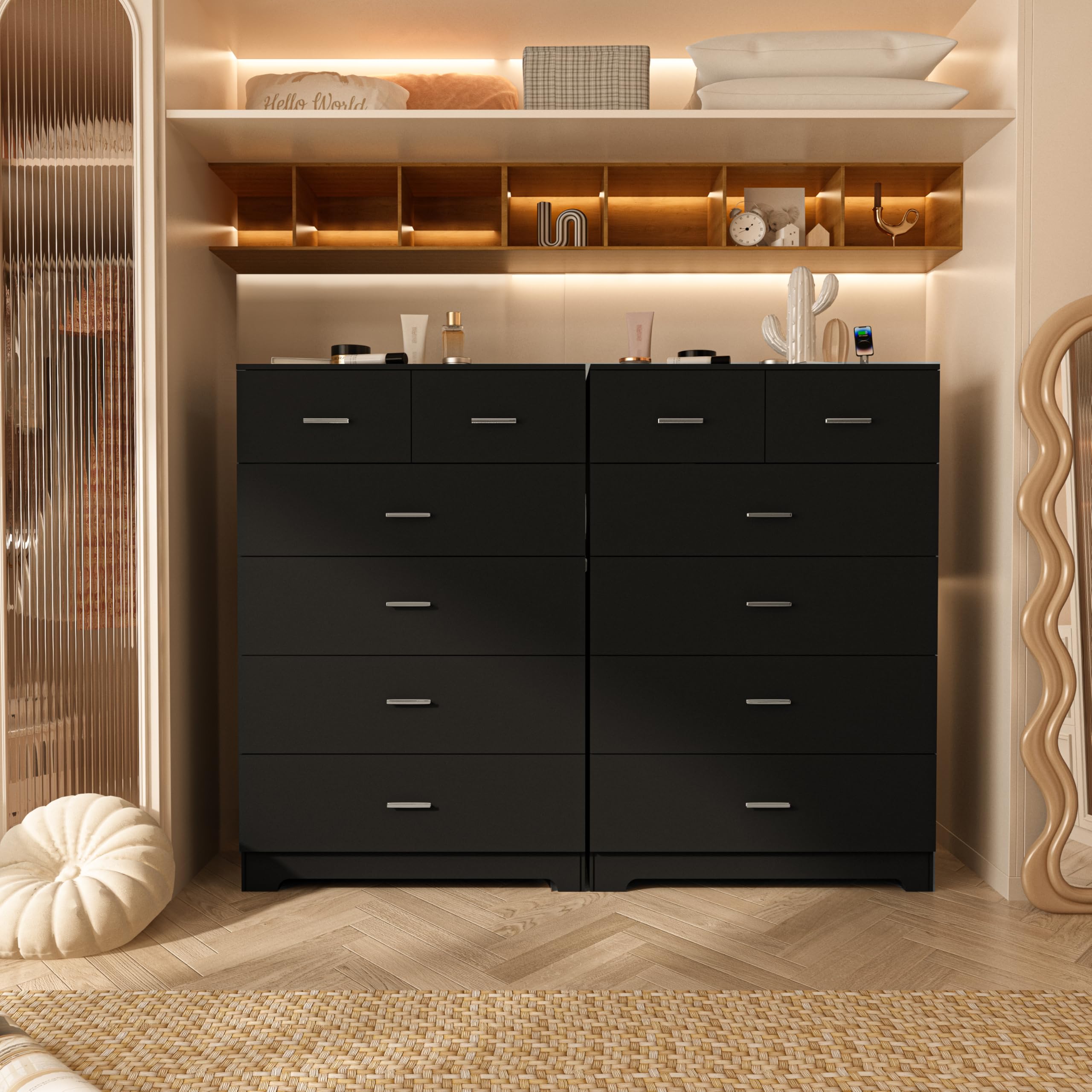 6-Drawer Wooden Dresser with Power Outlets, Black Tall Storage Organizer, Smooth Metal Rails, Modern Chest for Bedroom & Hallway