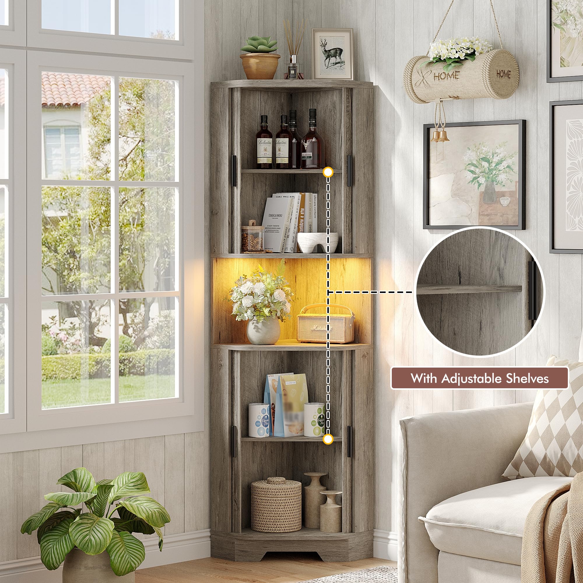 65" Tall Farmhouse Corner Cabinet with Tambour Sliding Doors and 5 Shelves, Standing Display Storage Cabinet with RGB LED Light, Home Space