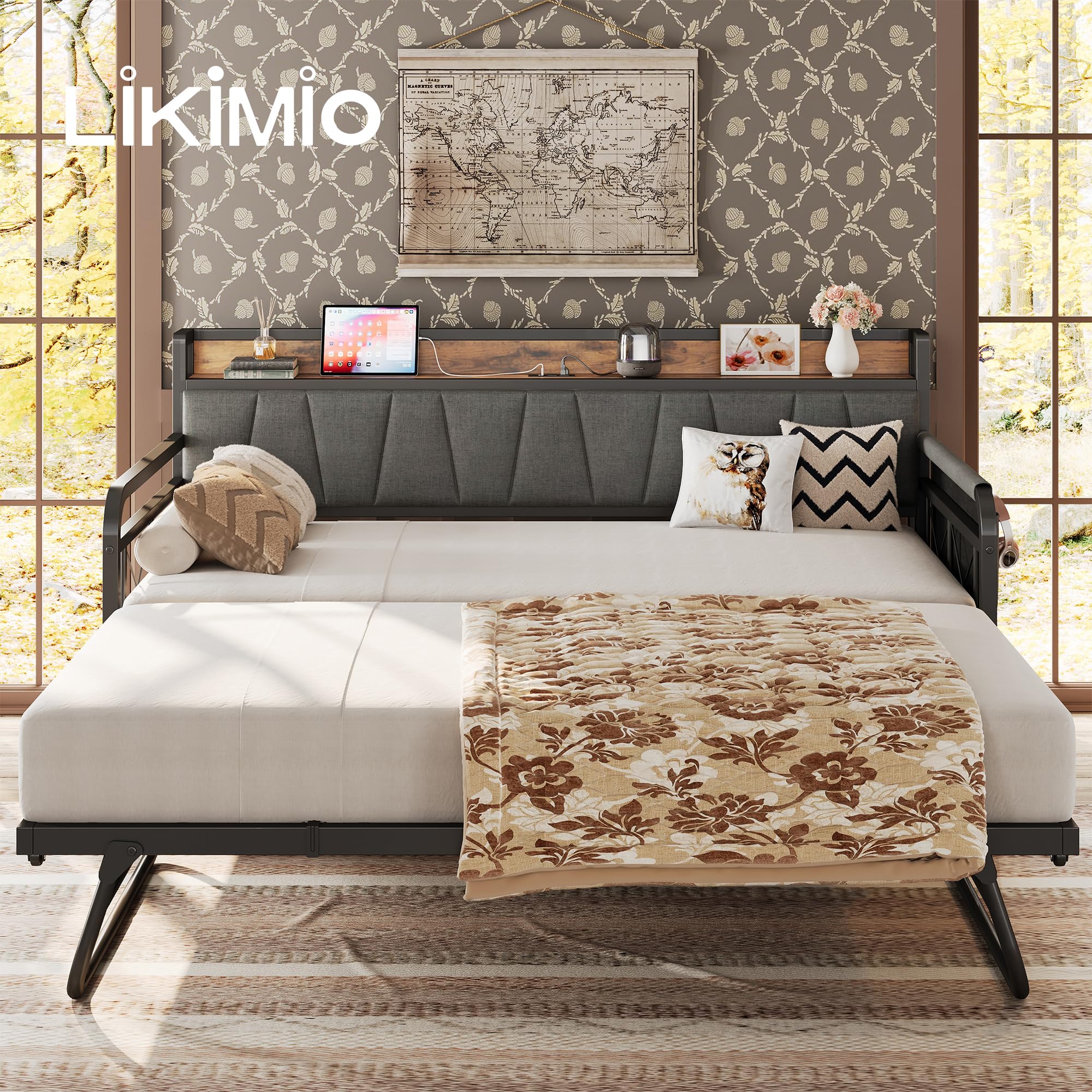 Twin Daybed with Trundle, Bed Frame with Storage Headboard & Charging Station, Sofa Bed for Bedroom, Guest Room, Grey