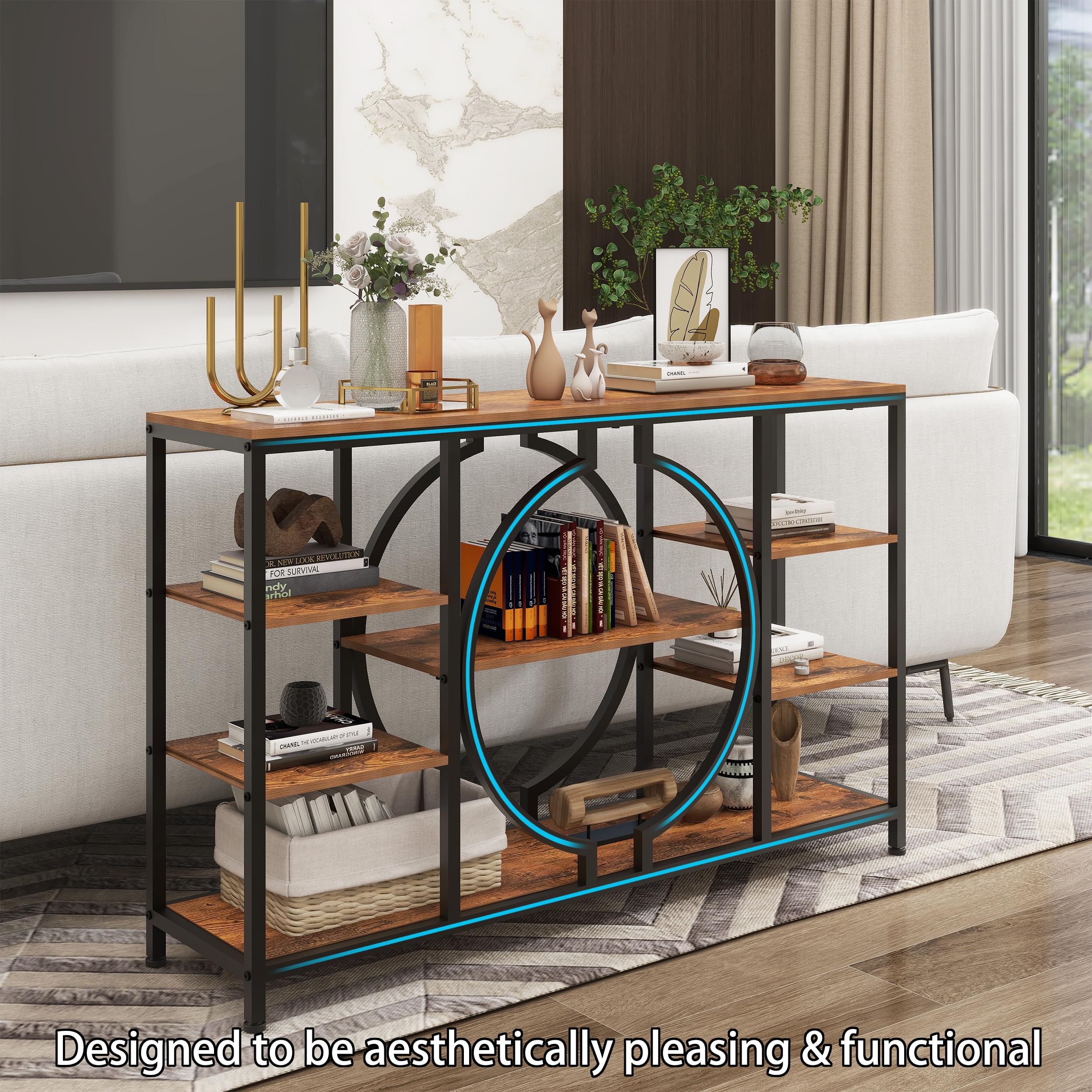 47" Industrial Console Table, 4-Tier Rustic Entryway Table with Storage, Wooden Sofa Table for Hallway, Foyer, Living Room, Rustic Brown