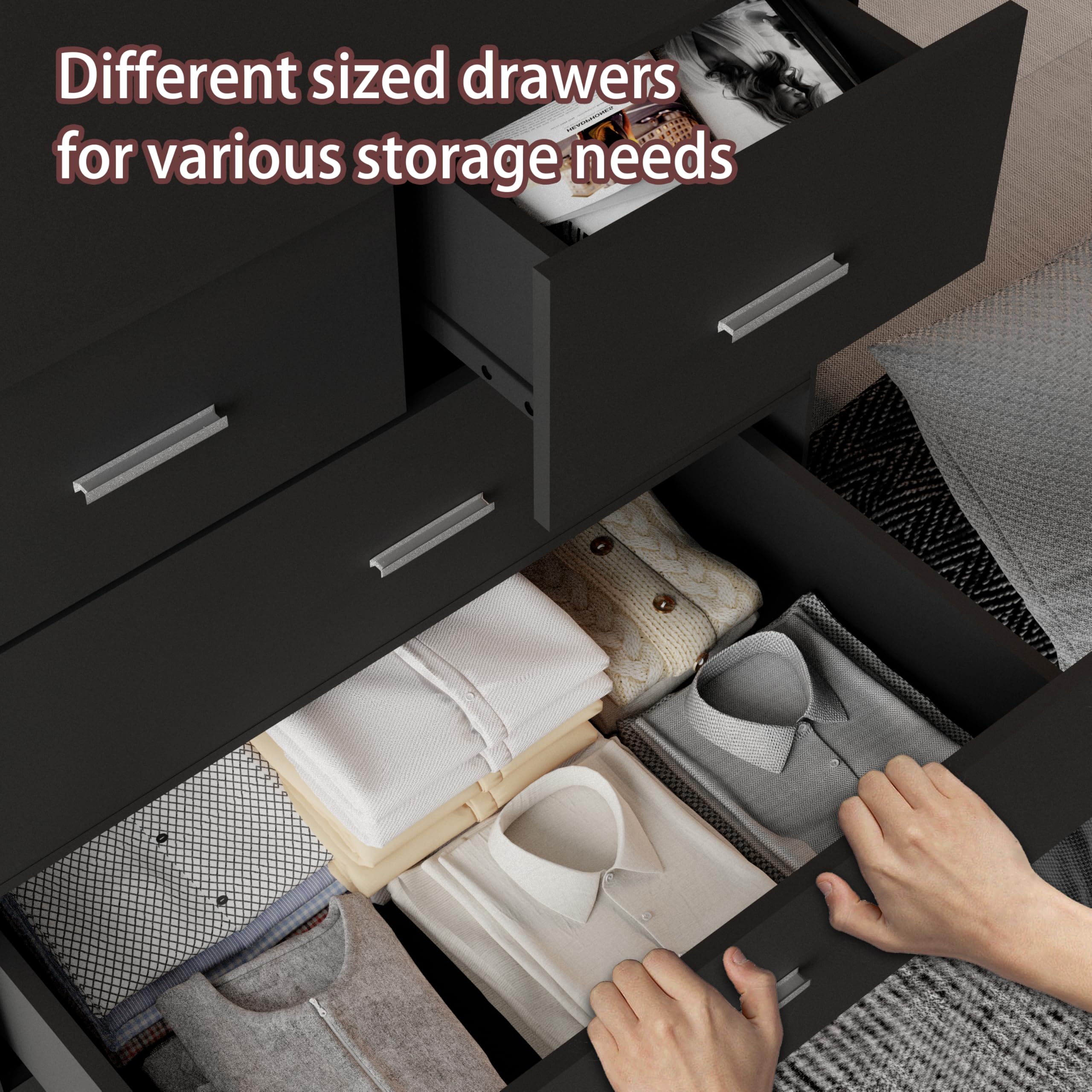 6-Drawer Wooden Dresser with Power Outlets, Black Tall Storage Organizer, Smooth Metal Rails, Modern Chest for Bedroom & Hallway