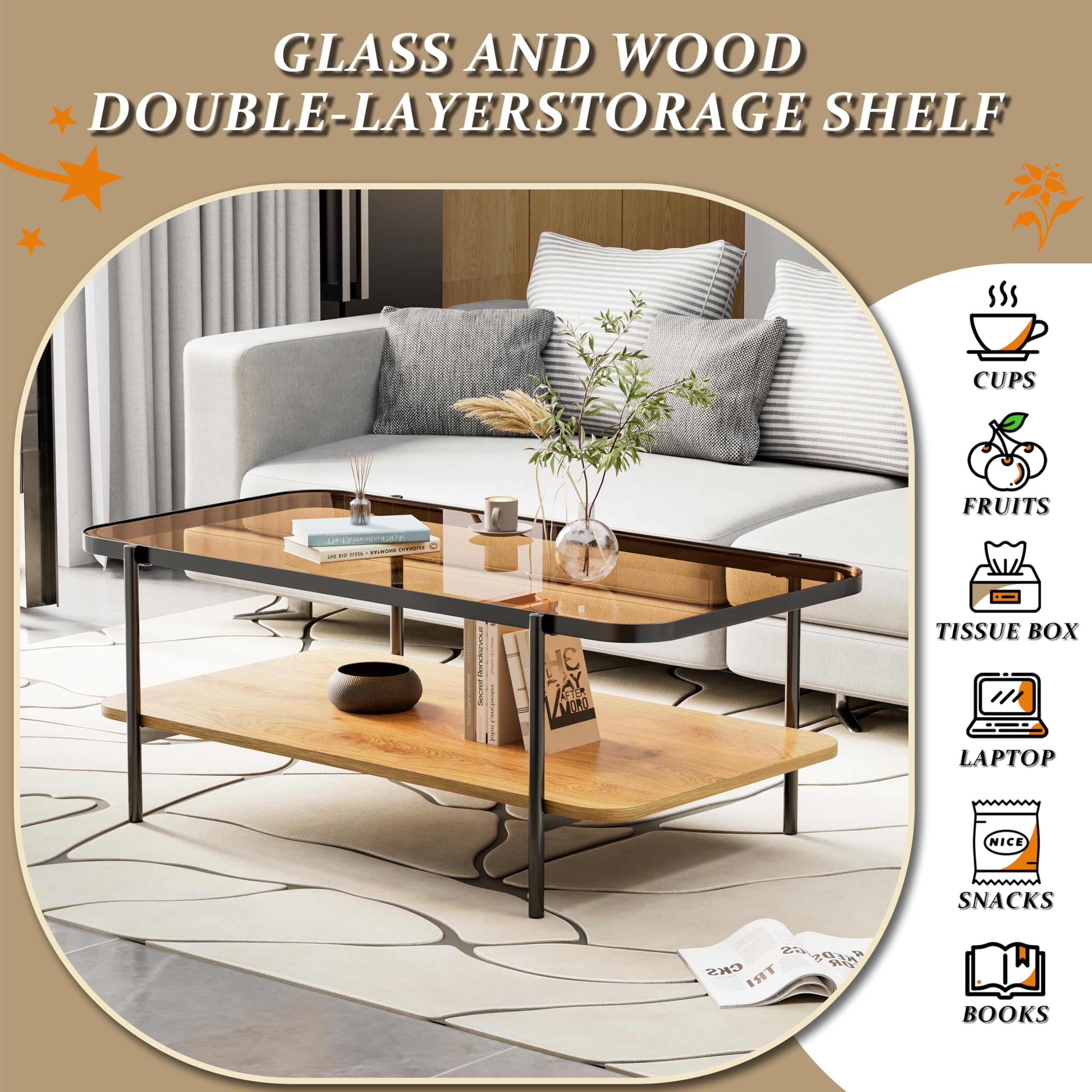 Modern Brown Glass Coffee Table, 2-Tier Rectangular Center Table with Metal Legs & Wood Storage, Rounded Corners for Living Room or Office