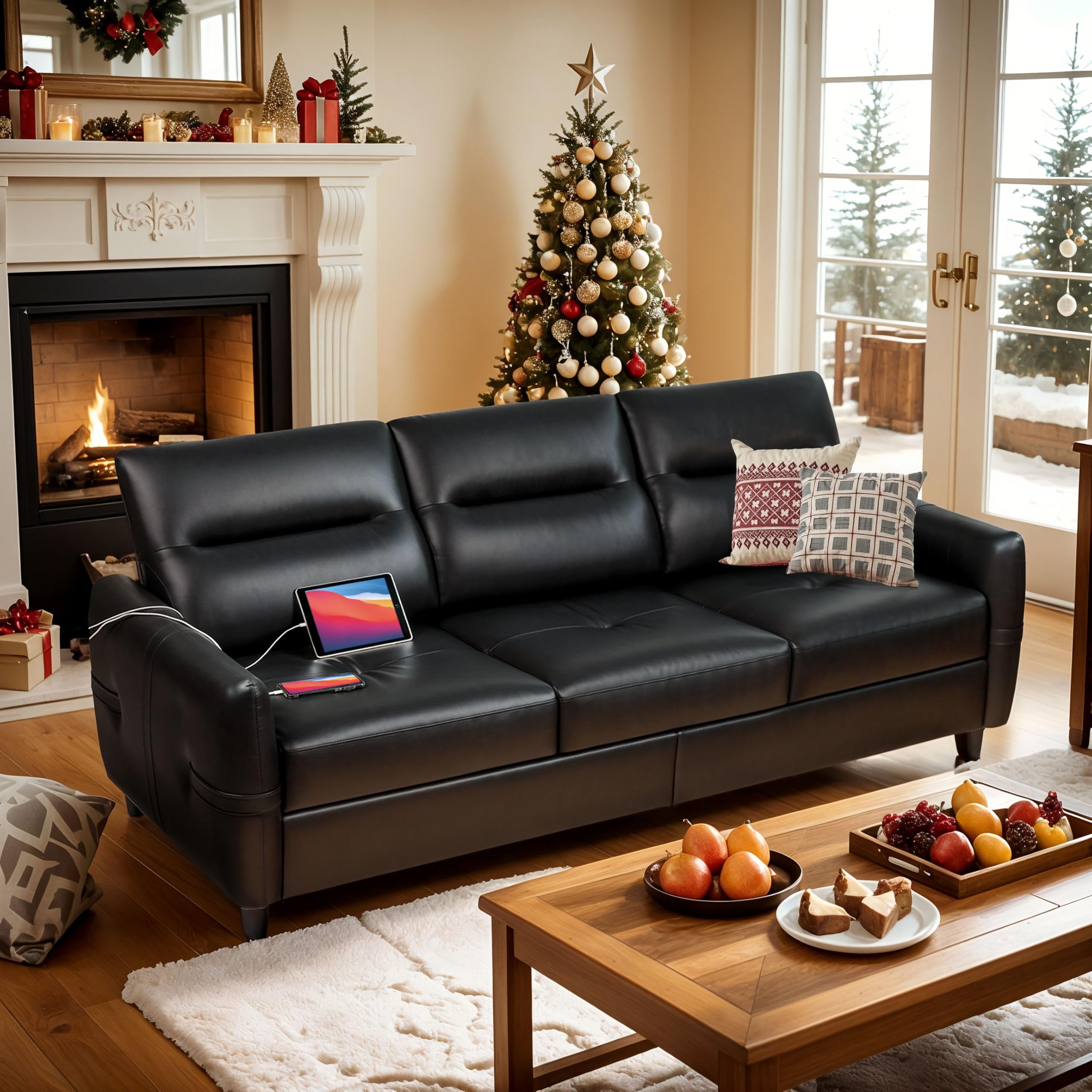 85” Black Faux Leather Couch with USB, 3 Seater Sofa Couches for Living Room, Large Mid Century Modern Office Apartment Couch (Black)