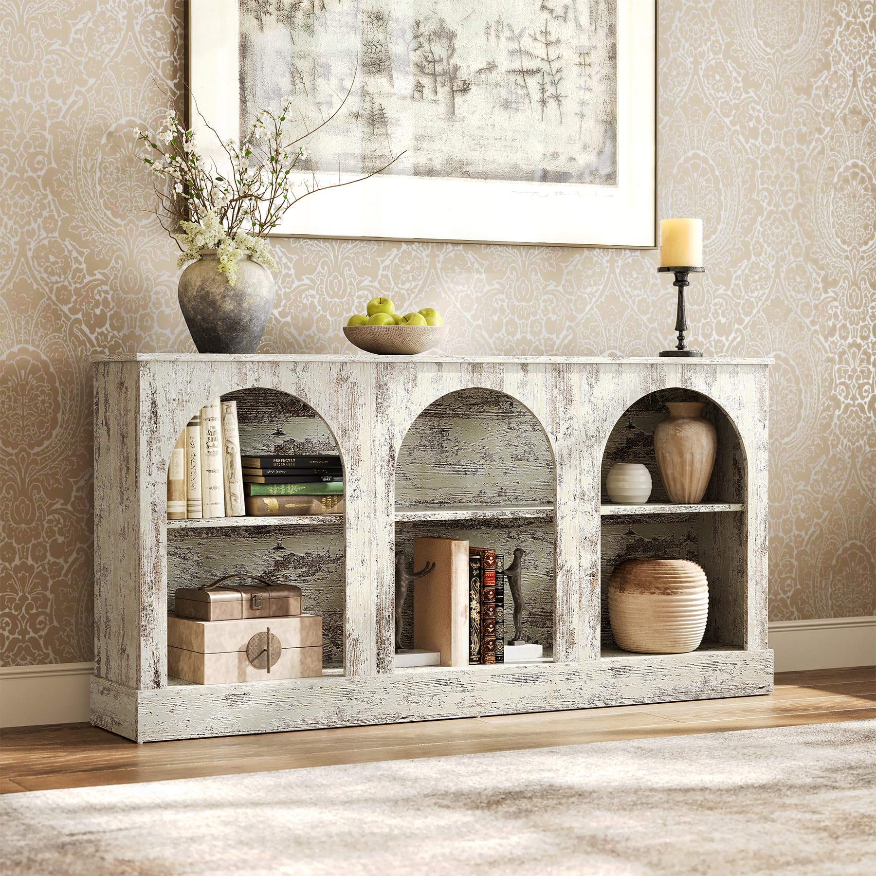 63" Modern Console Sofa Table with 3-Tier Storage, Wooden Rectangular Foyer Table, for Entrance, Hallway, Living Room, Retro White