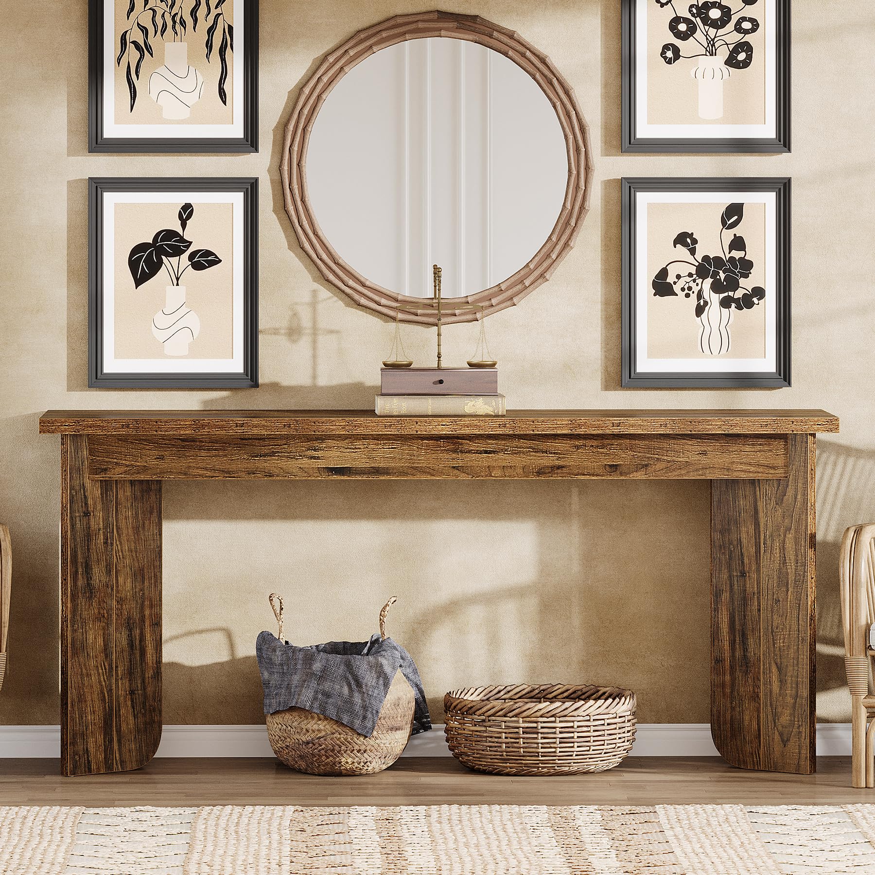 70.9" Wooden Sofa Console Table, Extra Long Farmhouse Entryway Table with Widened Top & Double Pedestal Base for Living Room, Rustic Brown