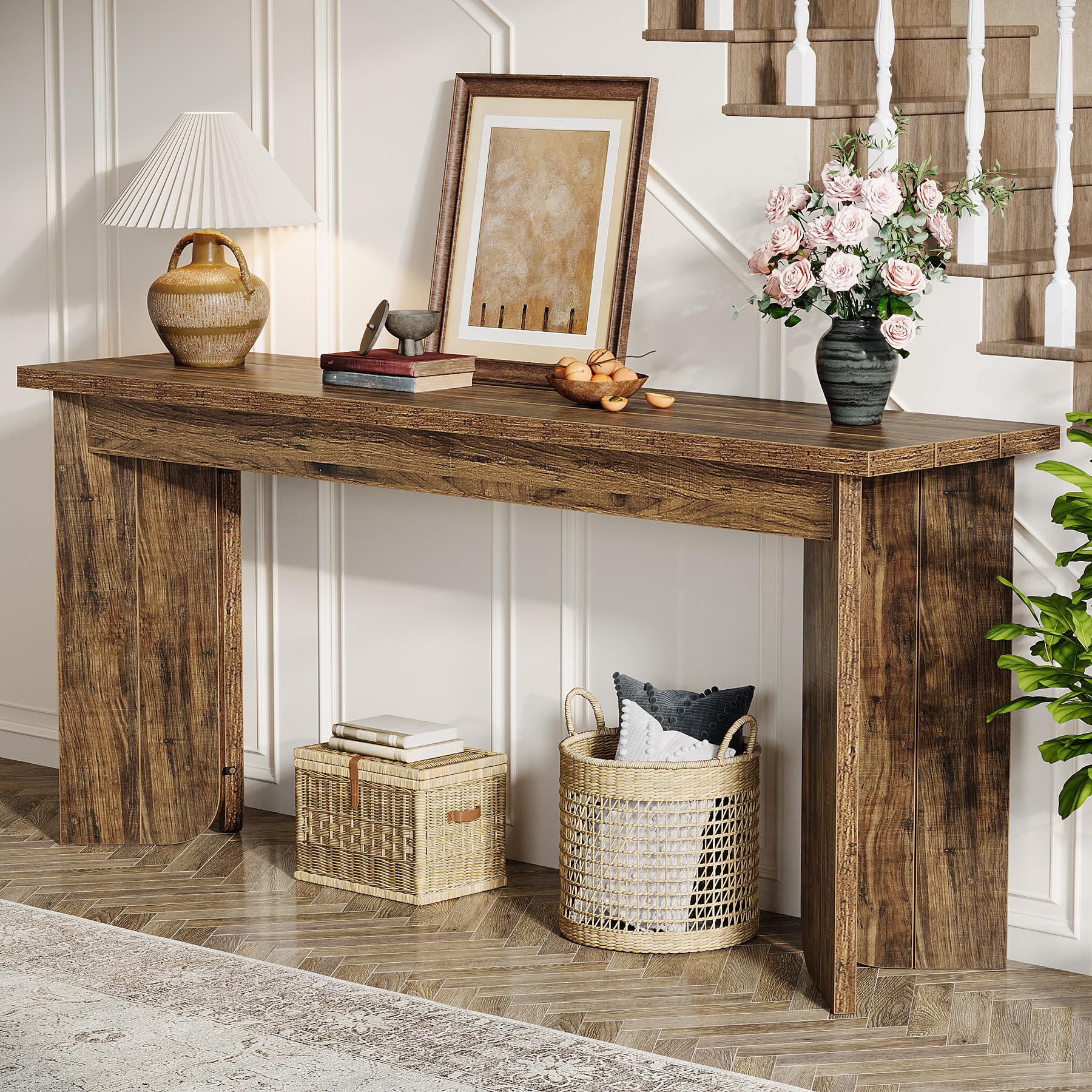 70.9" Farmhouse Console Table, Extra Long Wood Sofa Table with Widened Top & Double Pedestal Base for Living Room, Hallway, Foyer, Rustic Brown