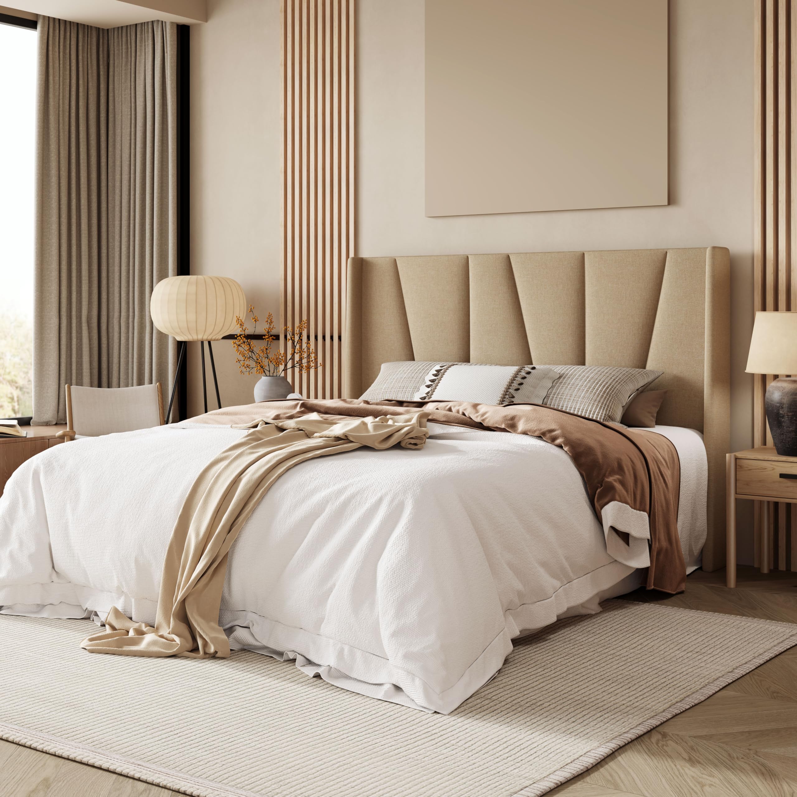 Queen Size Platform Bed Frame with Geometric Wingback Headboard, Modern Upholstered Bed with Wooden Slats Support, , , Beige