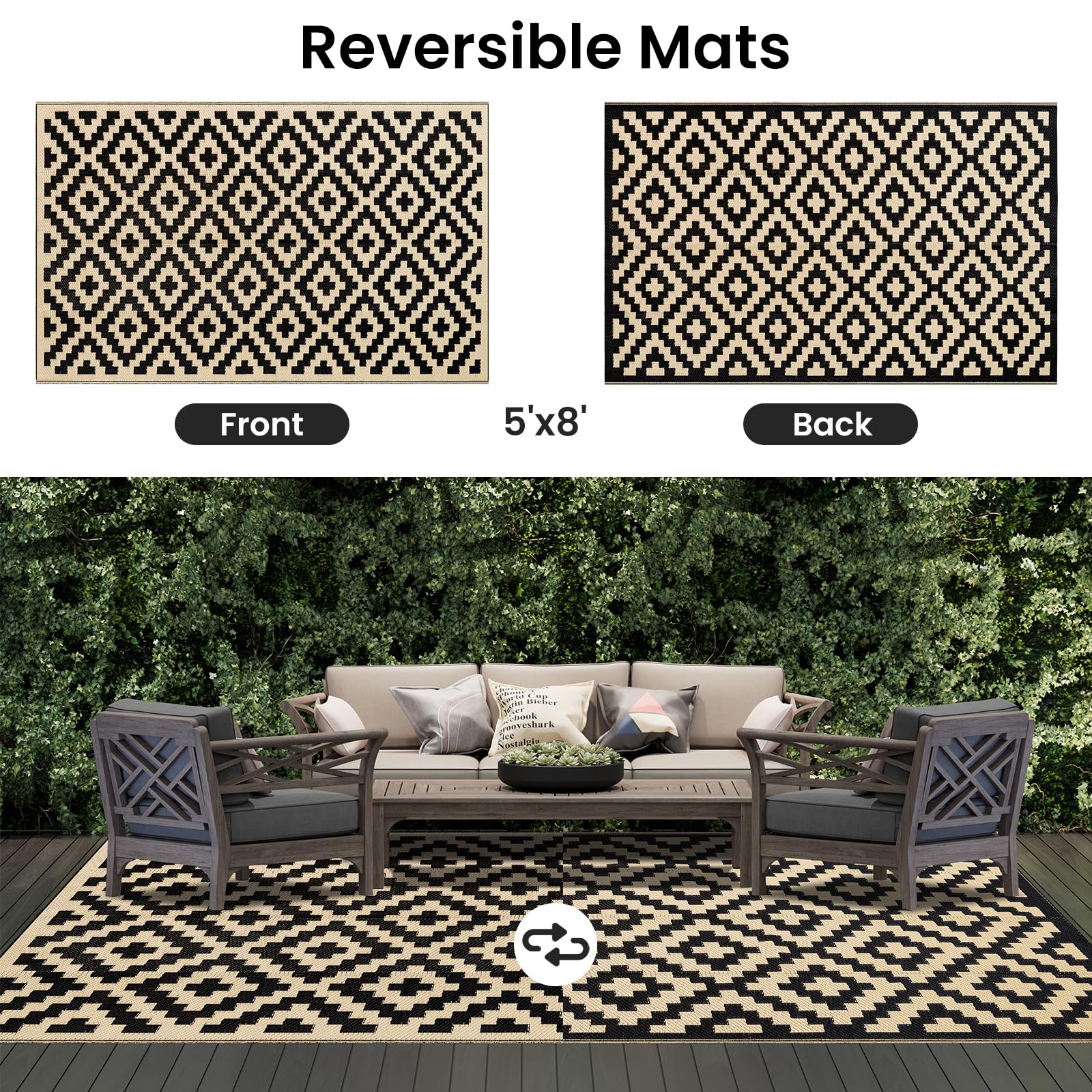 Waterproof Outdoor Rug 5x8 ft, Reversible Plastic Straw Patio Camping Mat, Indoor Outdoor RV Carpet for Backyard, Deck, Picnic, Black & Beige