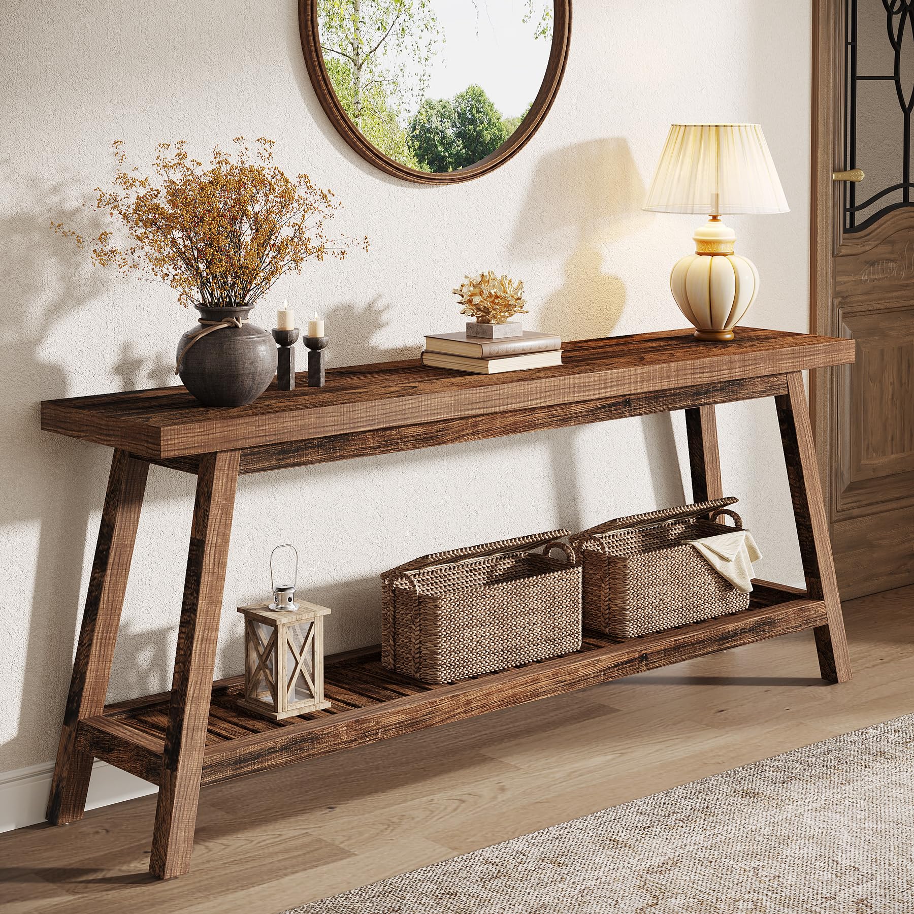 70.86-Inch Console Table for Entyrway, Farmhouse 2-Tier Entry Entrance Table, Narrow Long Sofa Table Behind Couch, Rustic Brown