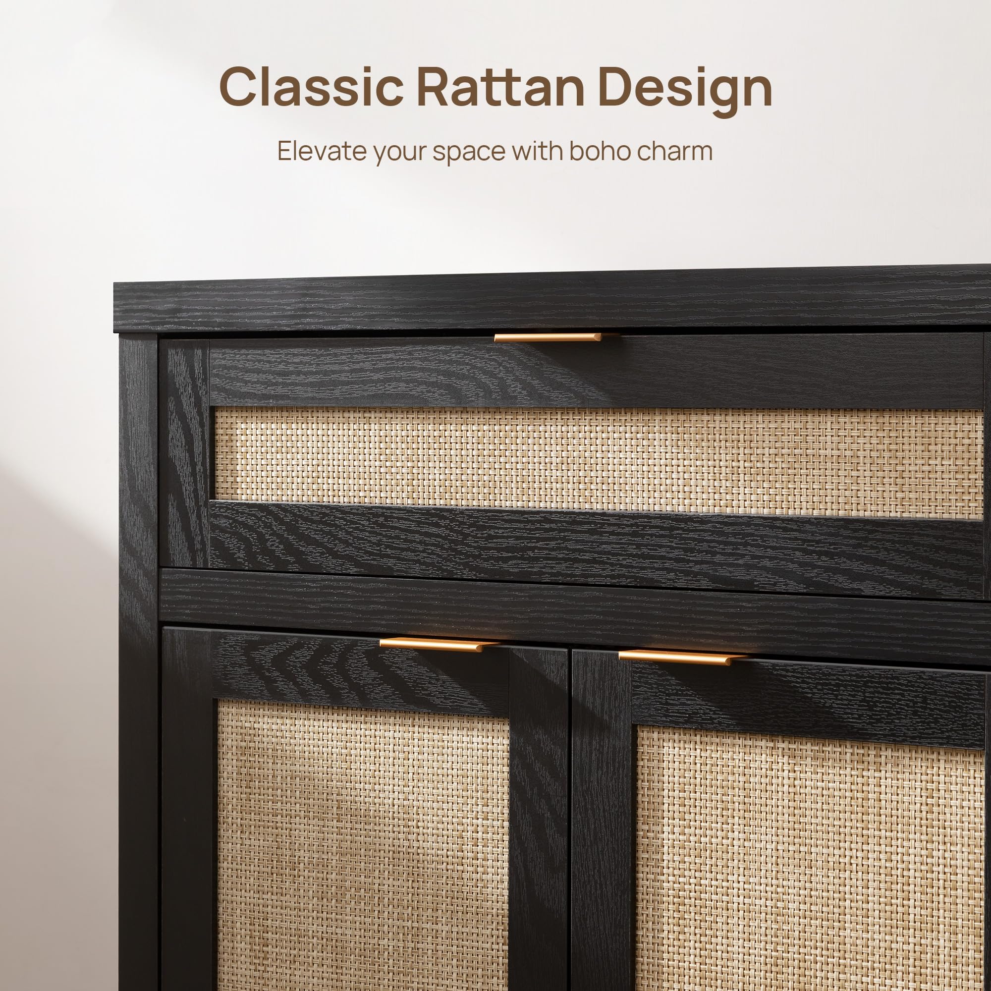 Sideboard Buffet Storage Cabinet Set of 2, Rattan Credenza Buffet Table, Modern Console Accent Cabinet with Doors and Drawer, Coffee Bar