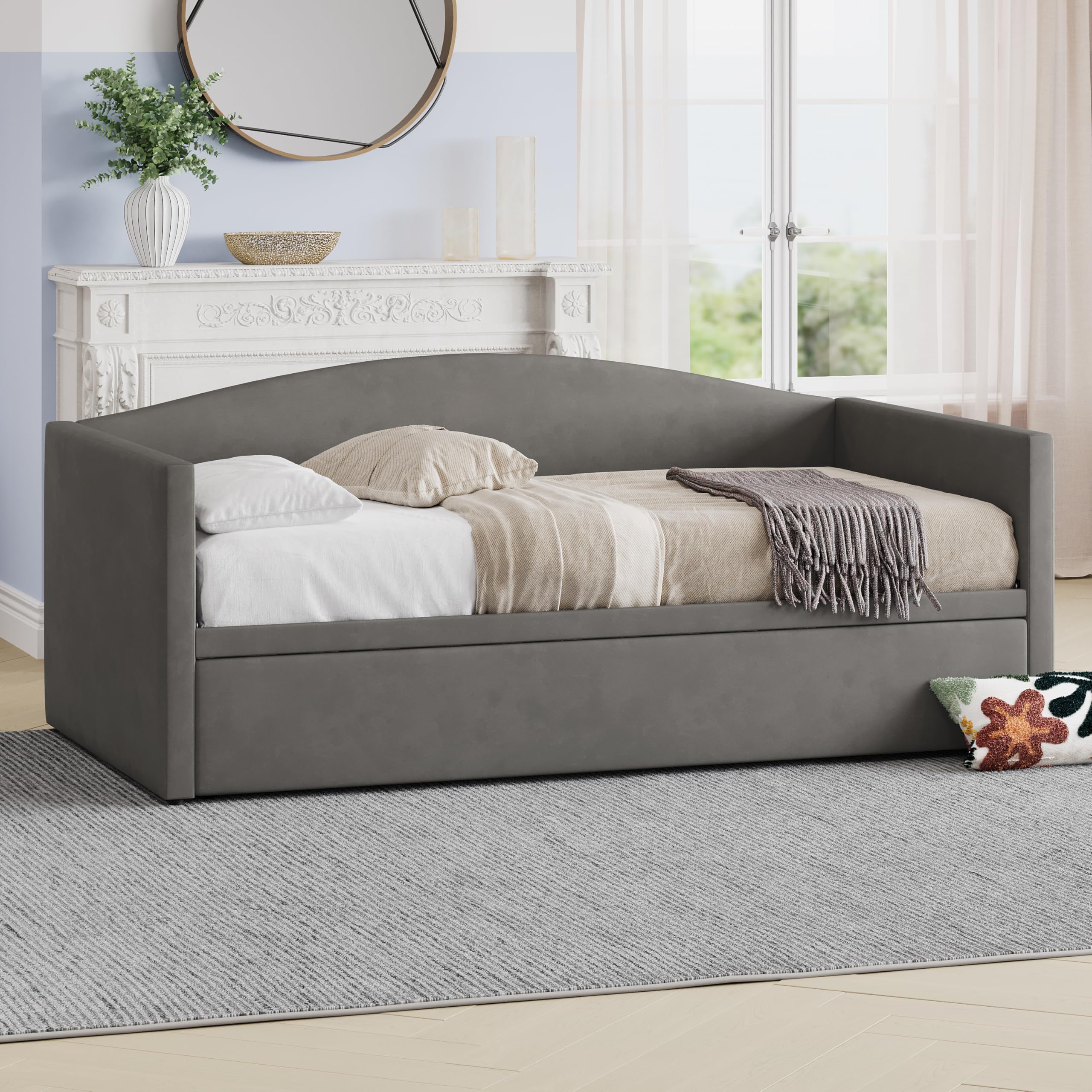 Twin Size Velvet Daybed with Extended Pop Up Trundle, Upholstered Sofa Bed Daybed, Space-Saving Twin to King Design for Guest Room, Gray