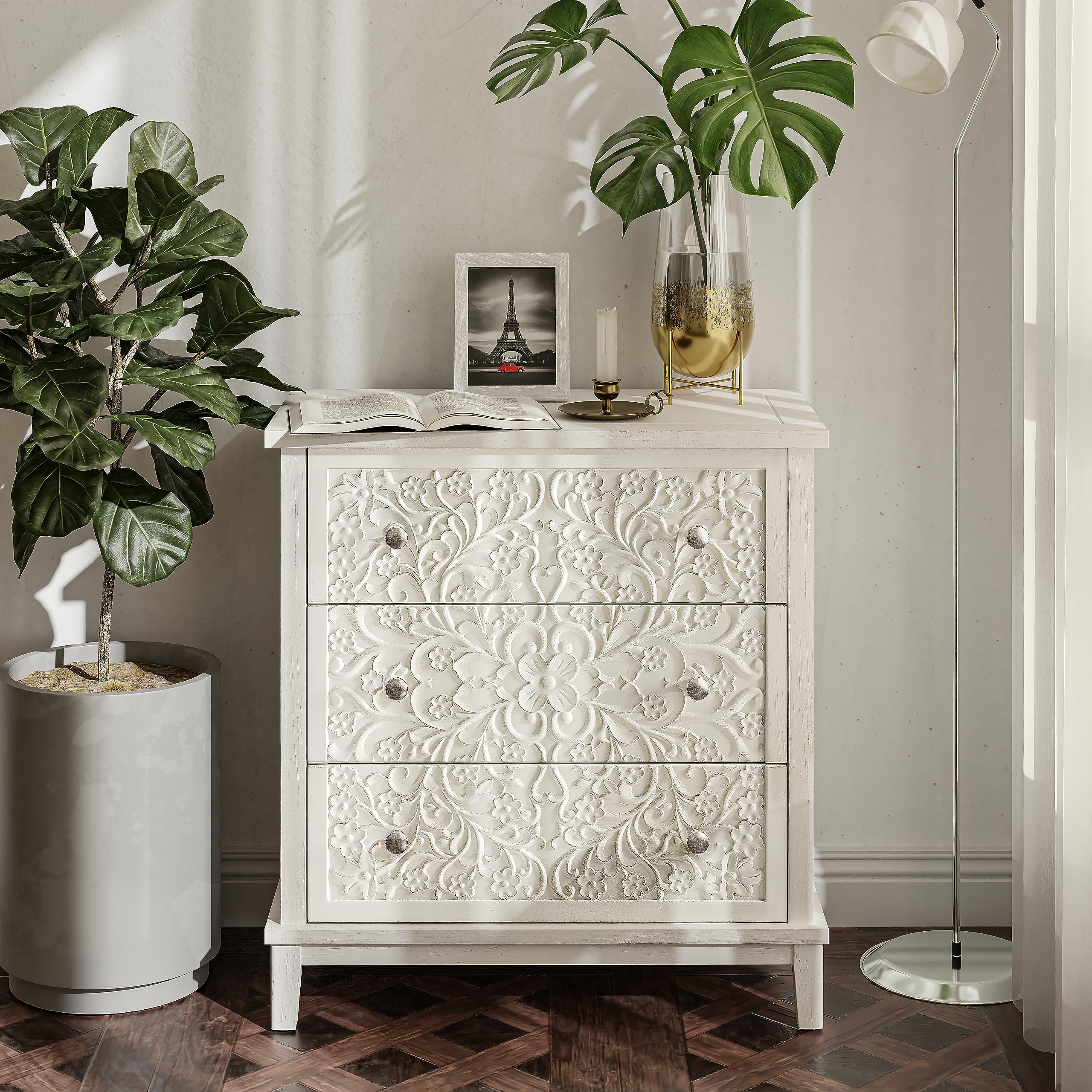 3-Drawer Fully-Assembled Flower Motif Dresser for French Country, Farmhouse, Modern, Rustic Style, Distressed Finish, White-Washed