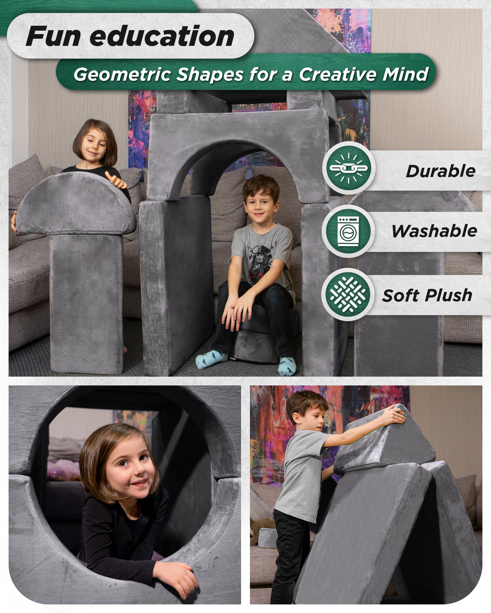 LX15 Modular Kids Play Couch, 14pcs Convertible Foam Sectional Sofa for Toddlers, Fortplay Furniture for Bedroom & Playroom, Steel Gray
