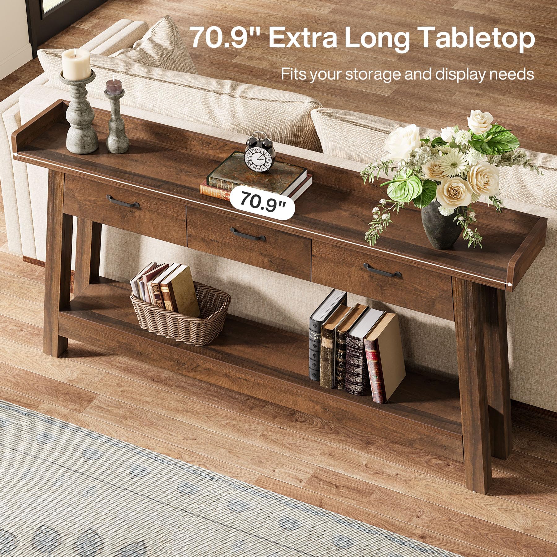 70.9" Farmhouse Sofa Console Table with 3 Drawers, 2-Tier Extra Long Entryway Table with Shelves & Baffle for Hallway, Living Room, Rustic Brown