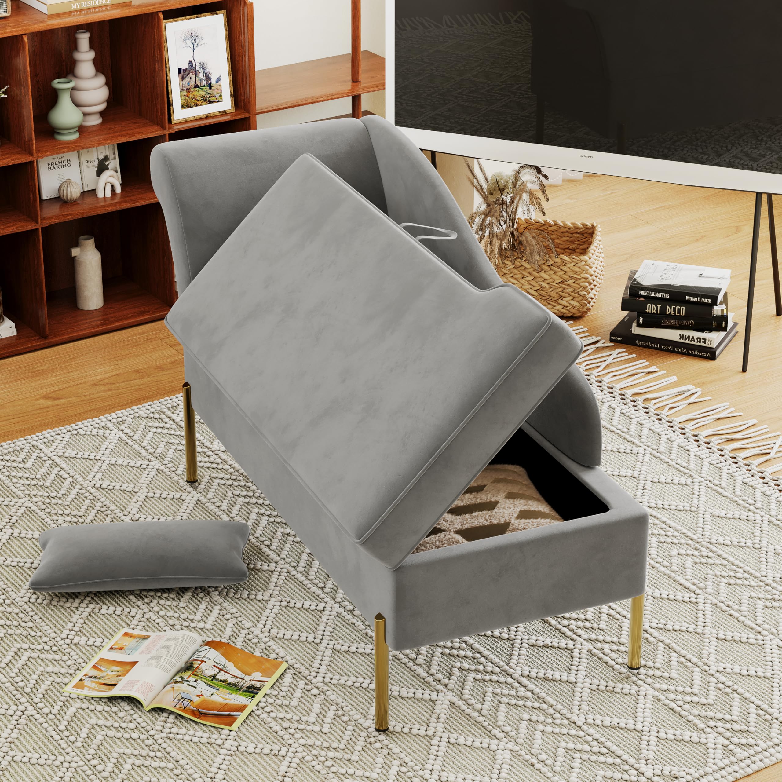 Velvet Chaise Lounge with Storage, Tufted Upholstered Recliner Sofa Chair for Bedroom, Living Room, Office, Light Grey, Left Armrest
