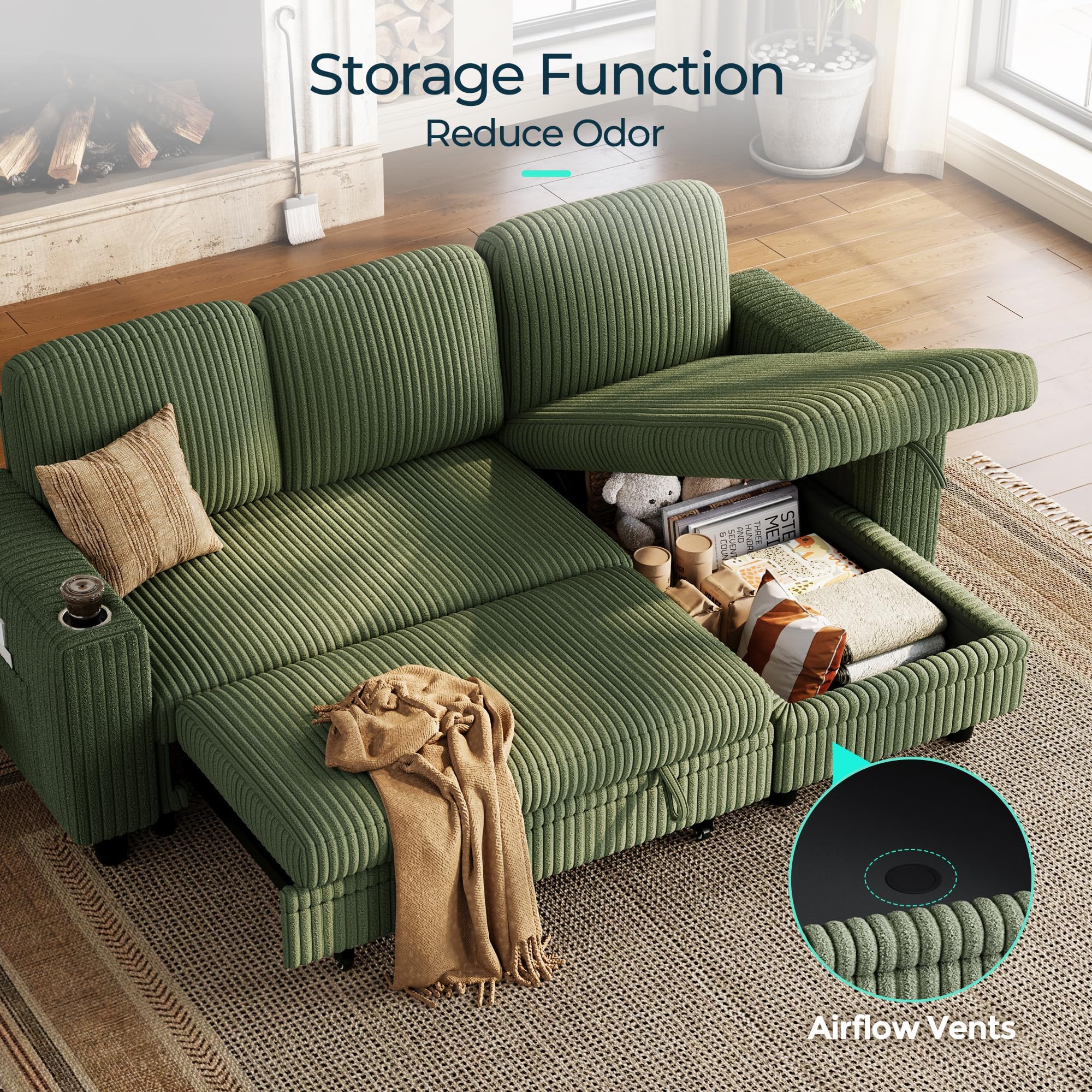 Convertible Sectional Sleeper Sofa with Pull-Out Bed, Corduroy Couch with Storage Chaise & USB Port, L-Shaped Sofa for Living Room, Green