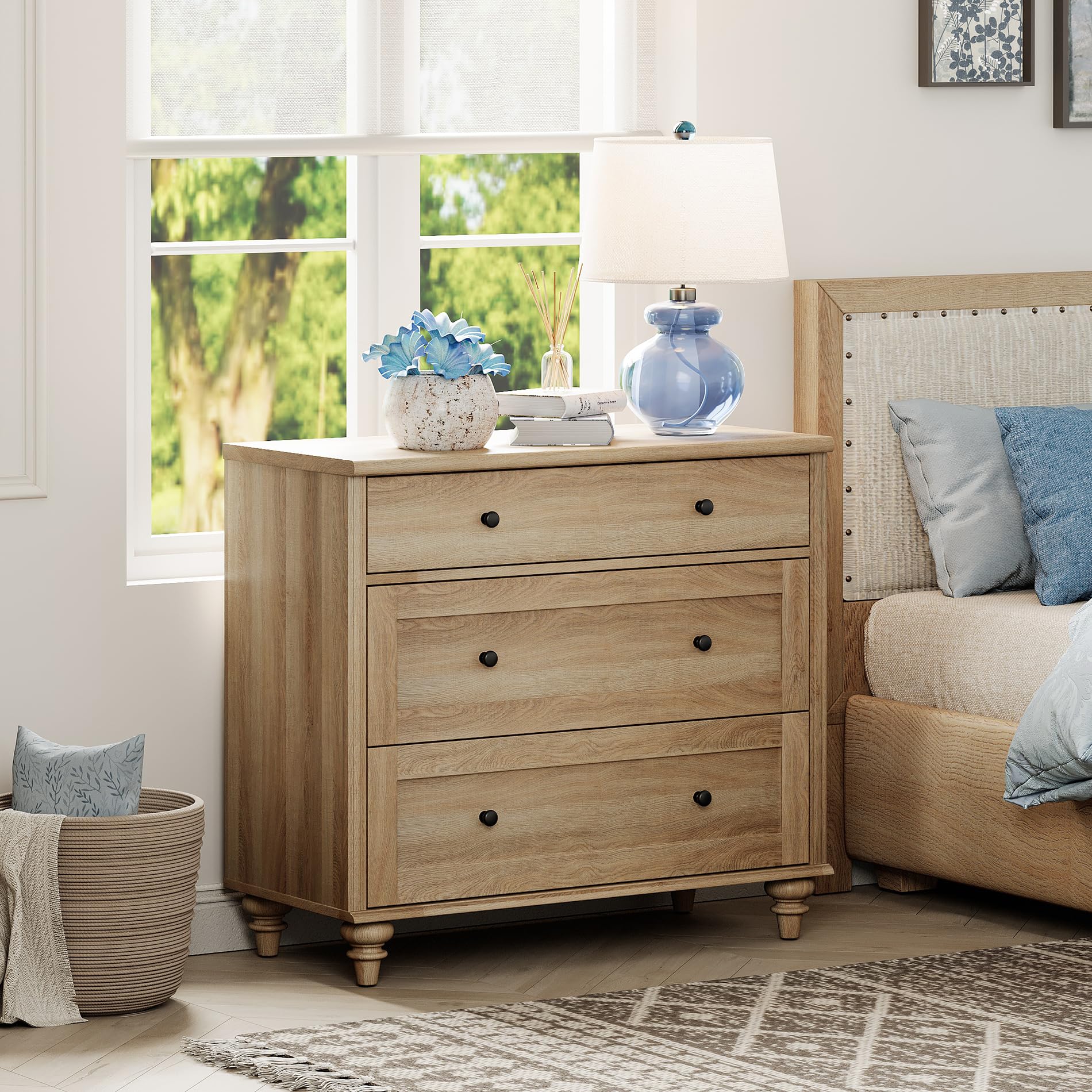 Set of 2 Farmhouse Nightstands, 34" Wide Oak Bedside Tables with 3 Drawers, Wood End Tables for Bedroom, Living Room, Sofa Side Storage