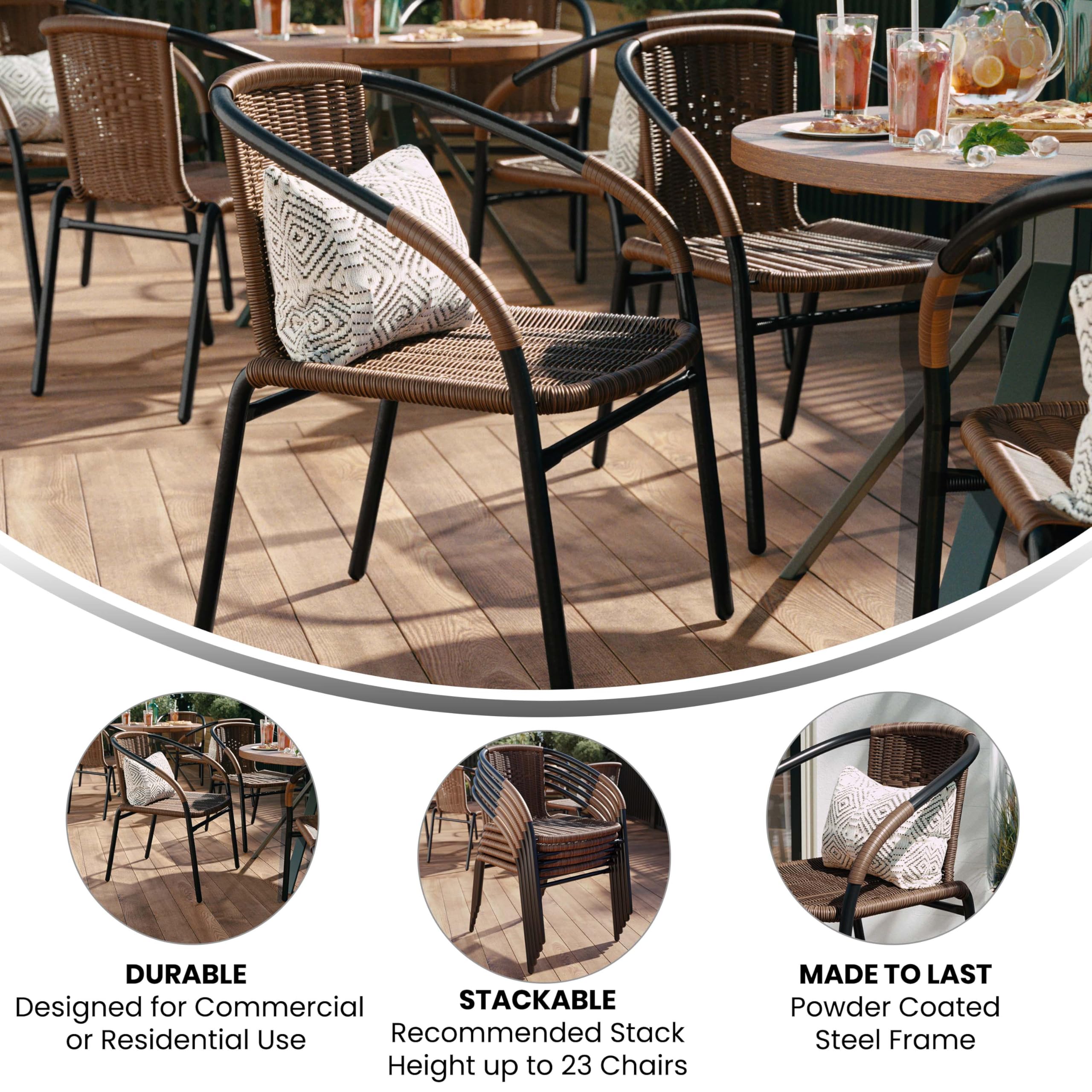 Lila Modern Rattan Stackable Dining Chairs, Indoor/Outdoor Bistro Chairs for Patio or Restaurant, Set of 4, Brown