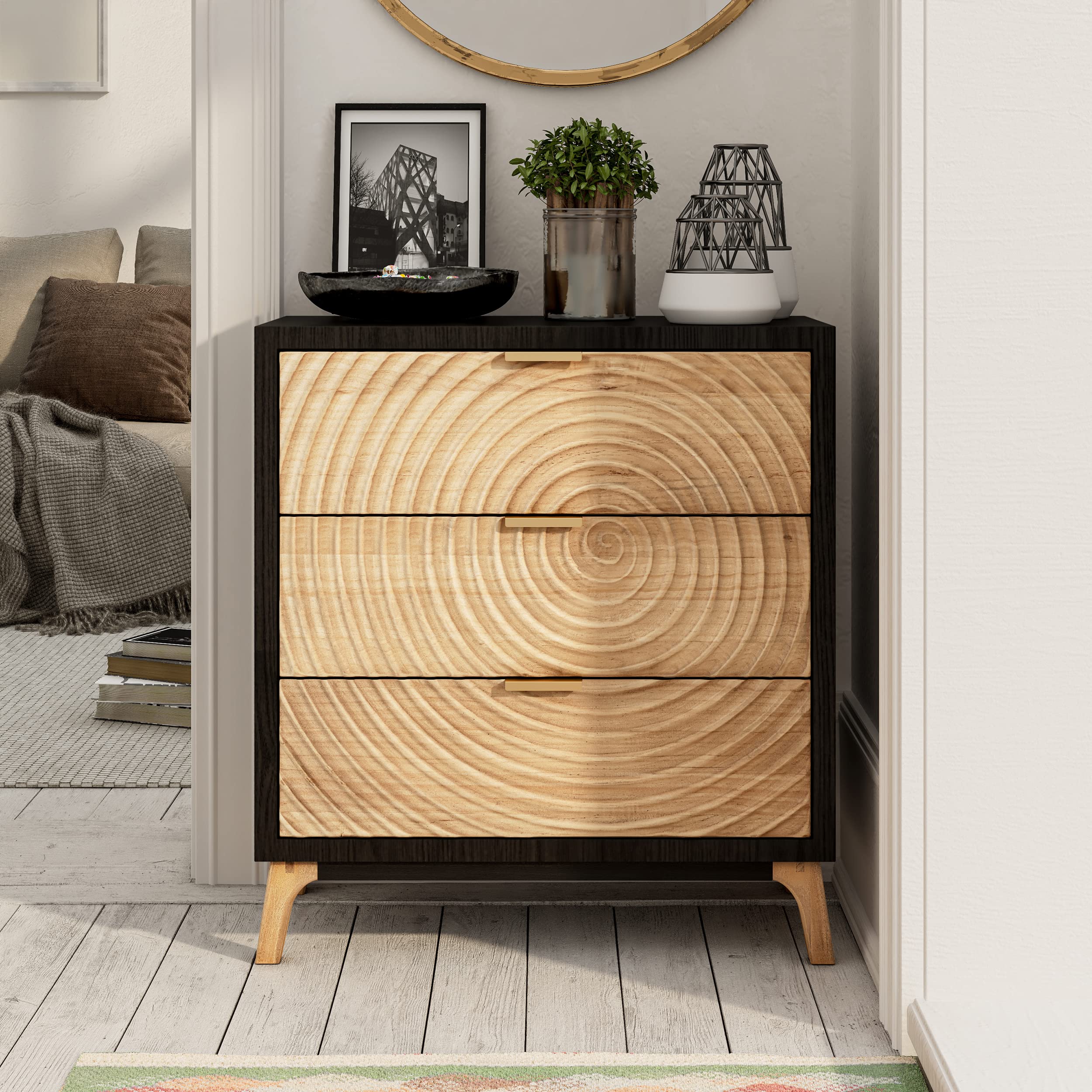 3-Drawer Farmhouse Dresser with Handcrafted Wood Ring Motif, Black Nightstand for Bedroom, Fully-Assembled, Rustic and Morden