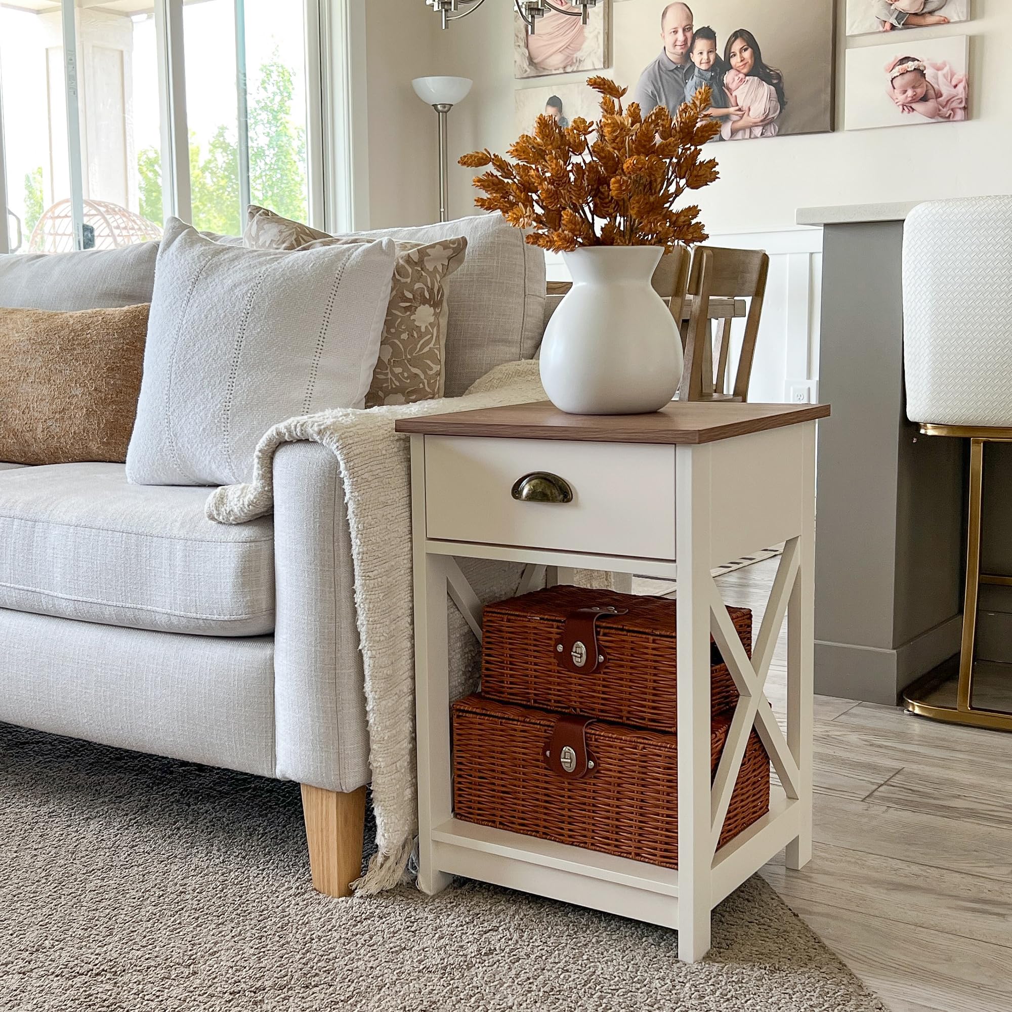 End Table Living Room Set of 2 - Farmhouse Bedroom Nightstands Small Bedside Table, Ivory White Side Table