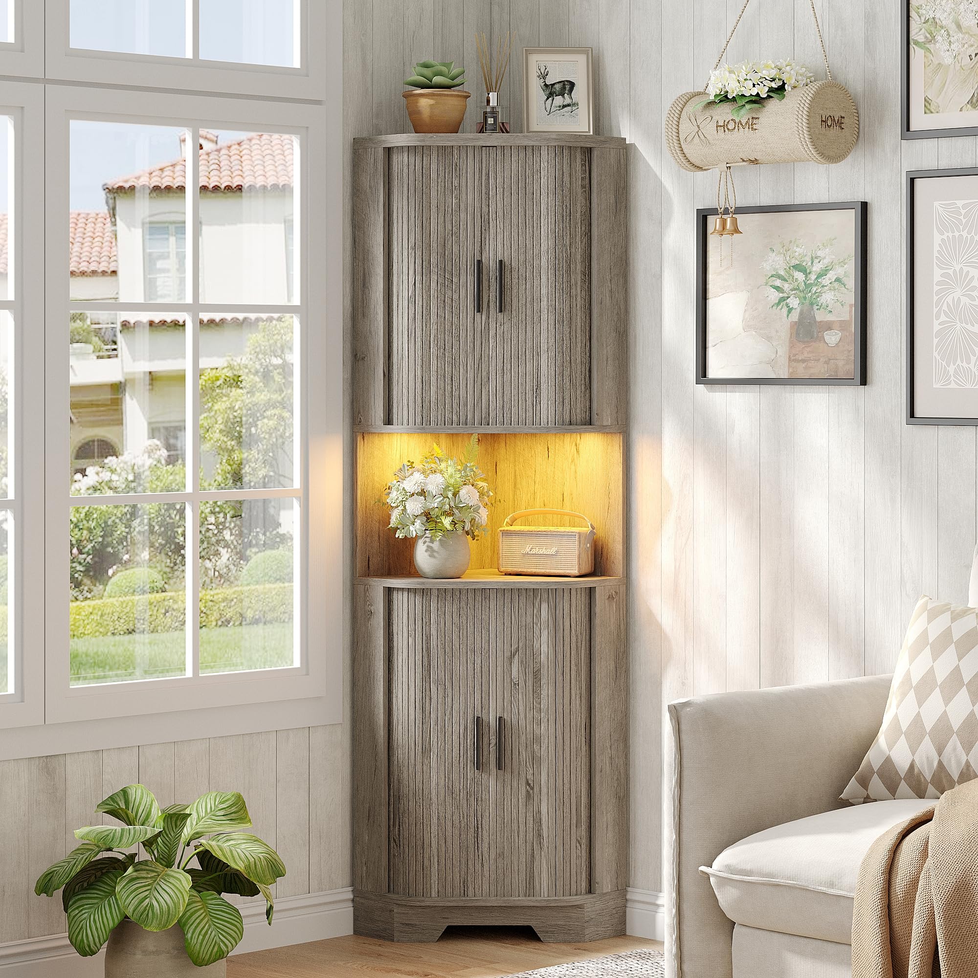 65" Tall Farmhouse Corner Cabinet with Tambour Sliding Doors and 5 Shelves, Standing Display Storage Cabinet with RGB LED Light, Home Space