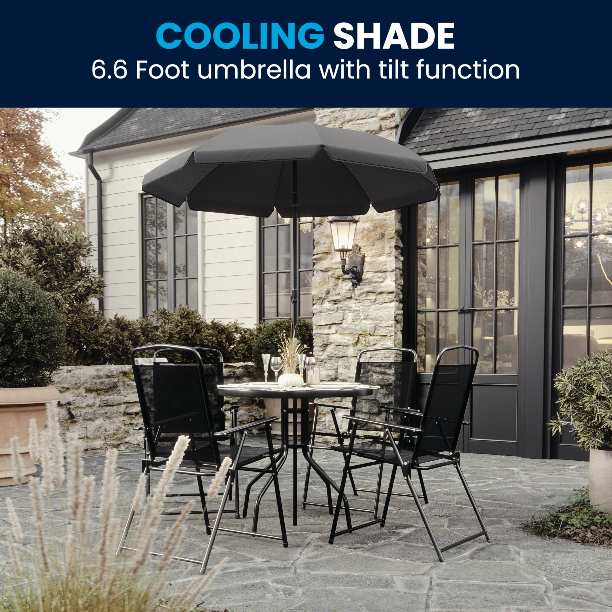Nantucket 6-Piece Patio Dining Set with Glass Table, 4 Folding Chairs, and Umbrella, Outdoor Patio Set, Black