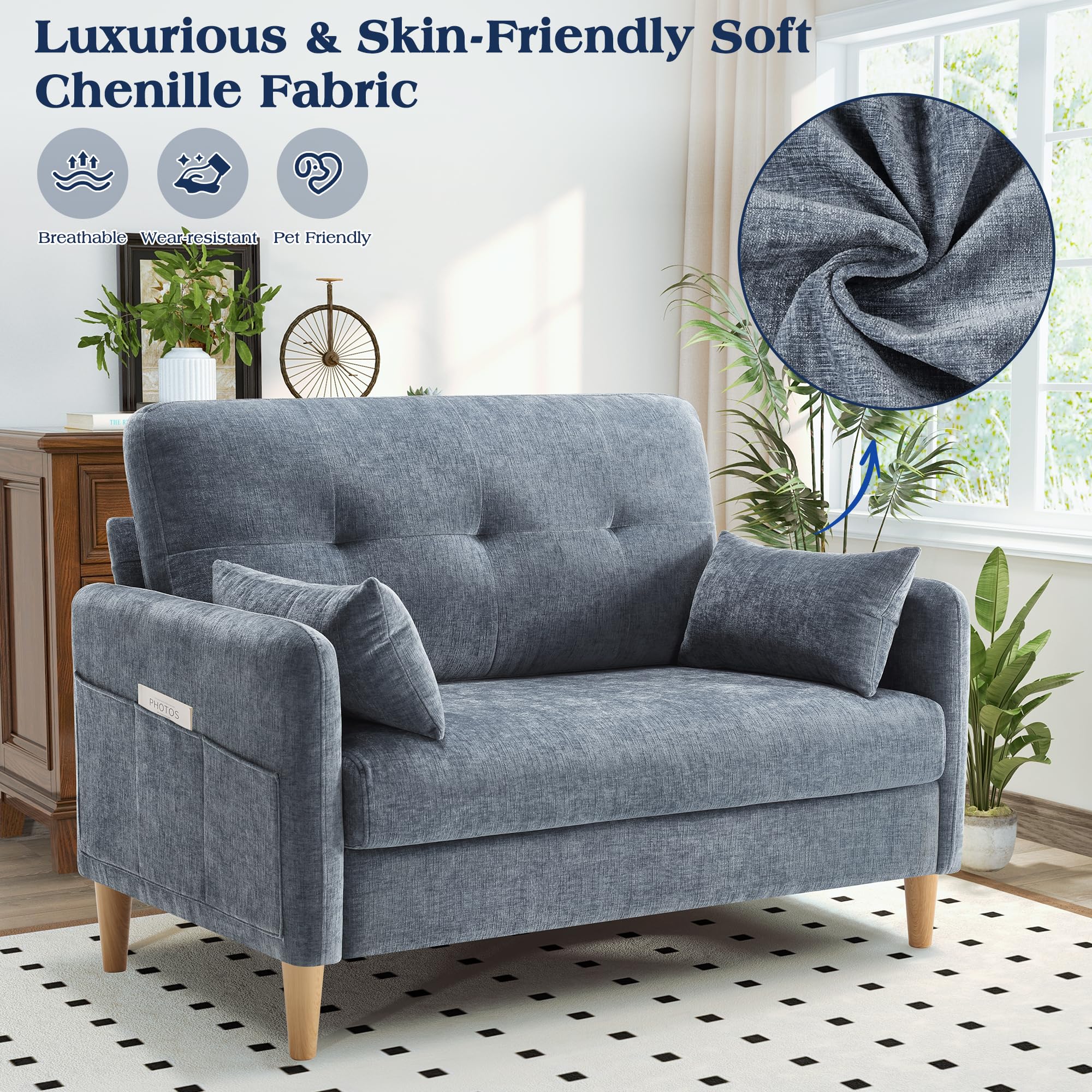 47” Loveseat Sofa, Small Comfy Chenille Couch for Living Room & Bedroom, Removable Cushion Cover with Throw Pillow, Perfect for Small Spaces