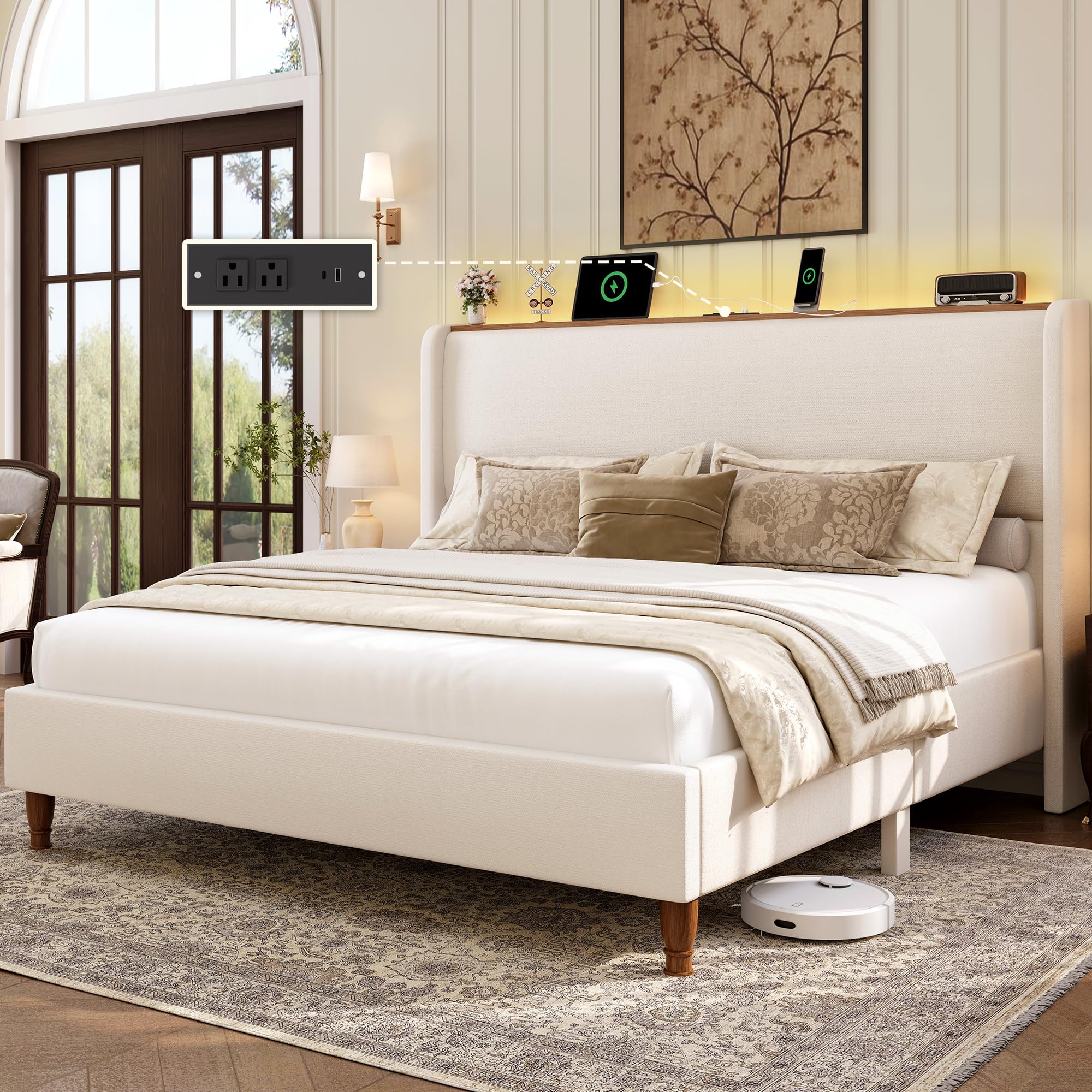 King Size Bed Frame with LED Lights and Charging Station Linen Upholstered  with 51.2" Tall Wingback Headboard and Storage Shelf, , , Beige