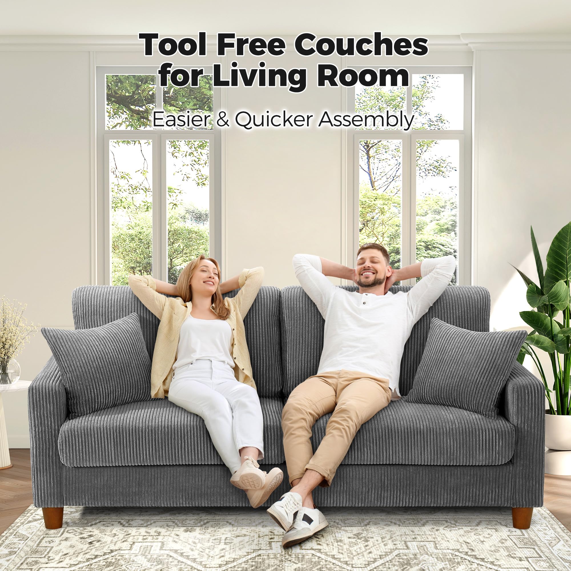 70" Grey Sofa with 21" Extra Deep Seats, Comfy Corduroy Loveseat with 2 Pillows, No-Tool Assembly, Oversized Couch for Living Room, Bedroom