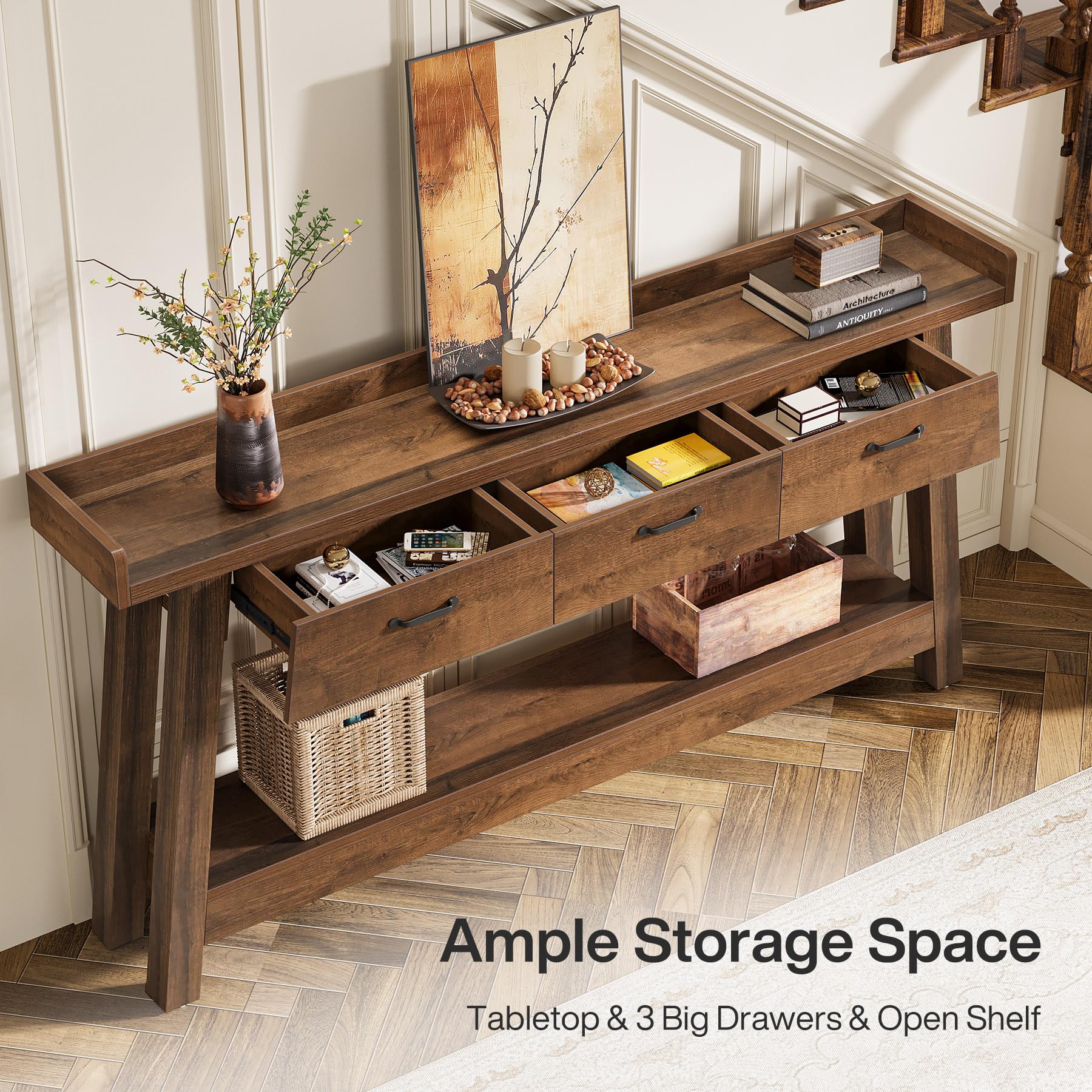 70.9" Farmhouse Sofa Console Table with 3 Drawers, 2-Tier Extra Long Entryway Table with Shelves & Baffle for Hallway, Living Room, Rustic Brown