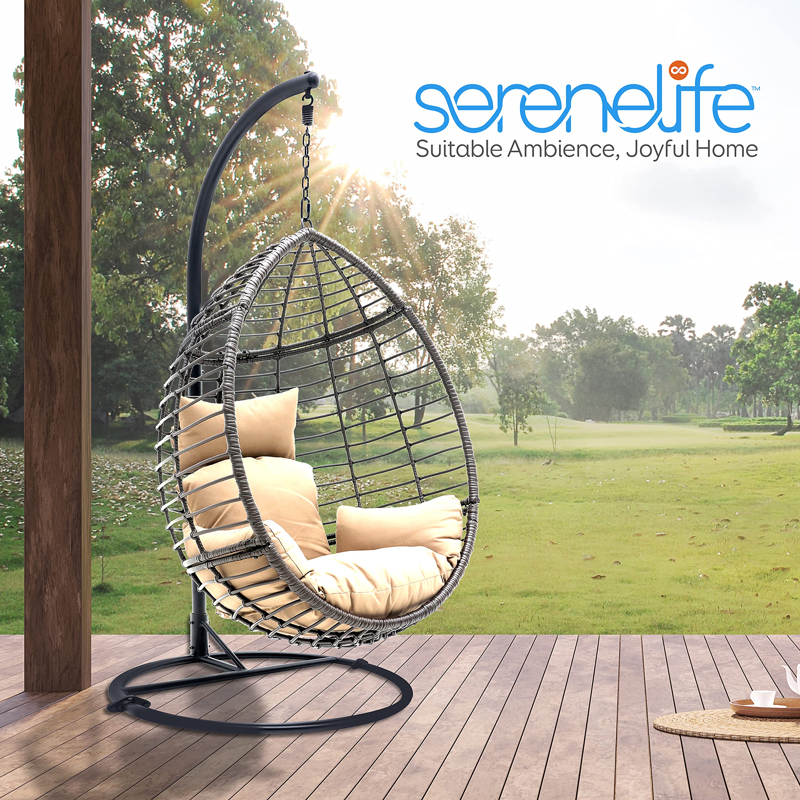 Hanging Wicker Egg Swing Chair with Stand, Indoor Outdoor Rattan Chair with Cushions, 66 lbs Capacity, Powder-Coated Steel Frame, Brown