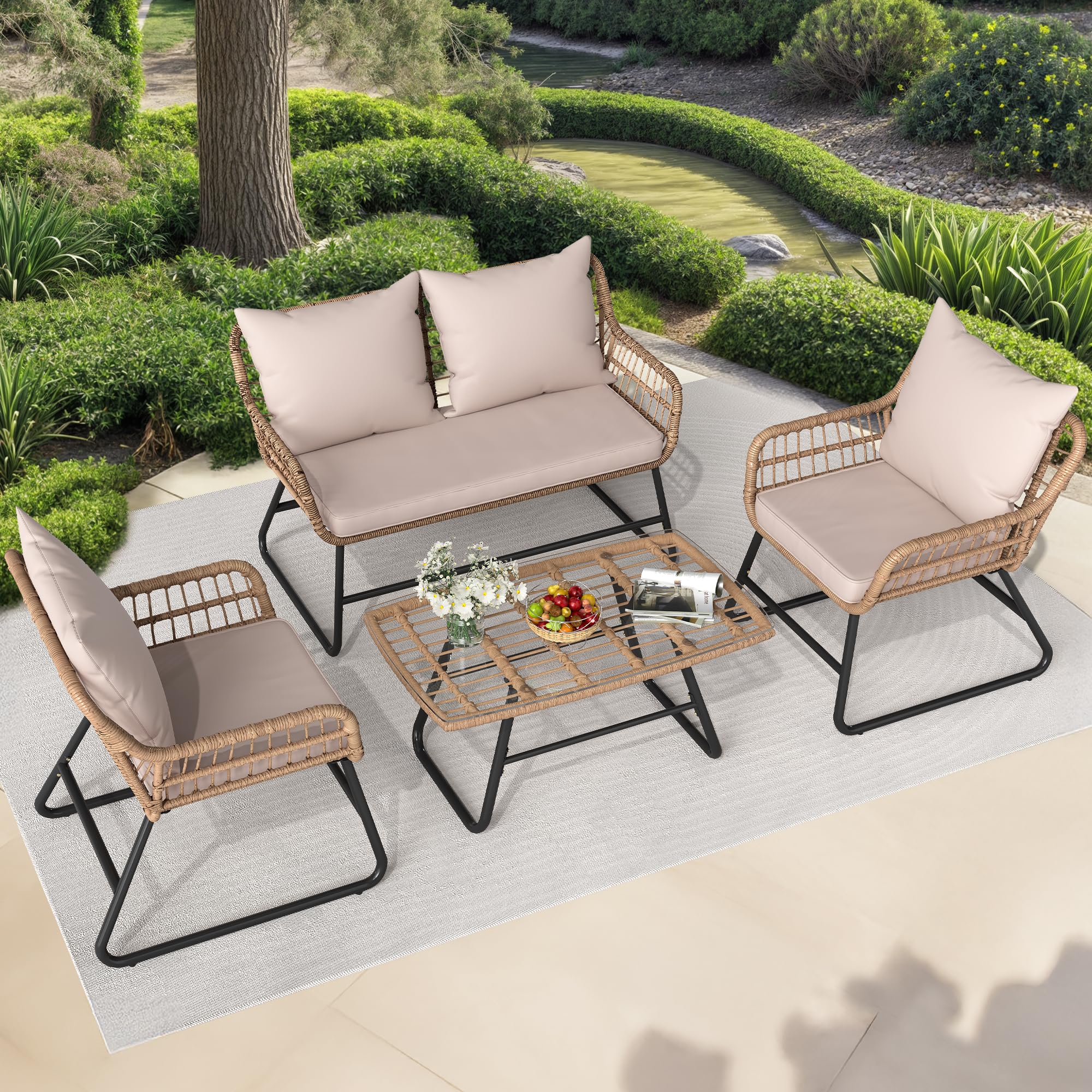 Outdoor Patio Conversation Set 4 Pieces, Wicker Furniture with Cushions & Coffee Table, Rattan Bistro Chairs with Side Table, Beige