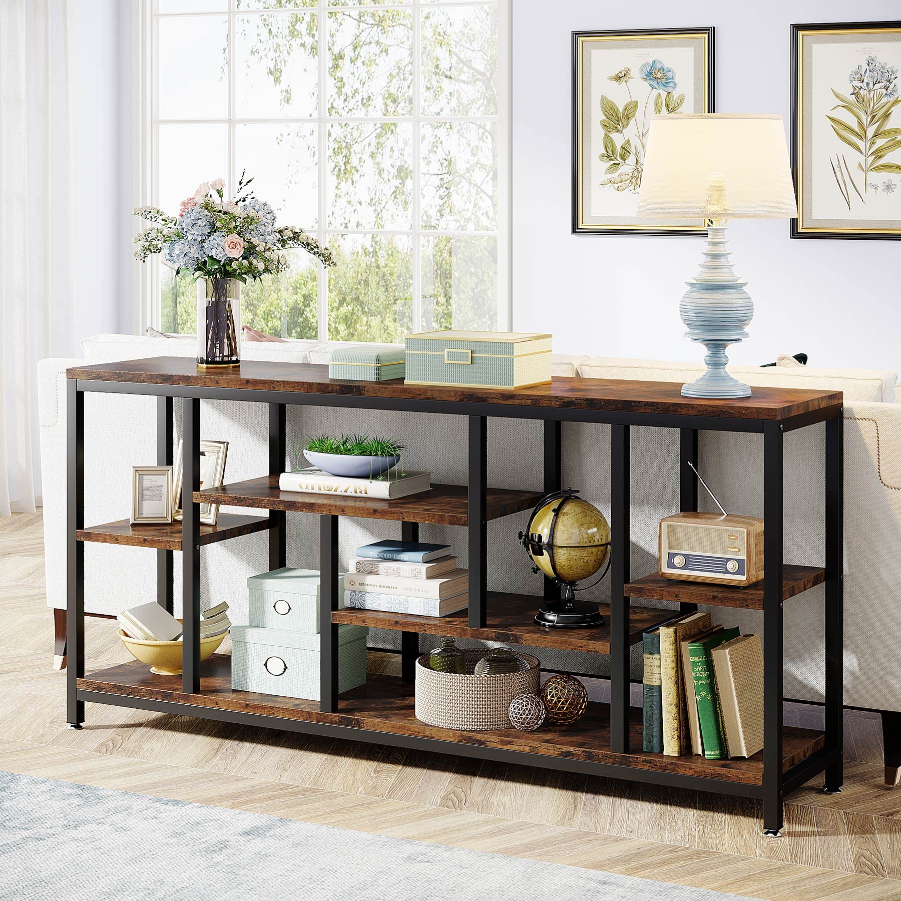 Console Sofa Table, 70.9 inch Extra Long Table Behind Couch with Storage Shelves, 3-Tier Industrial Narrow Entryway Hallway Accent Table for Living Room, Rustic Brown