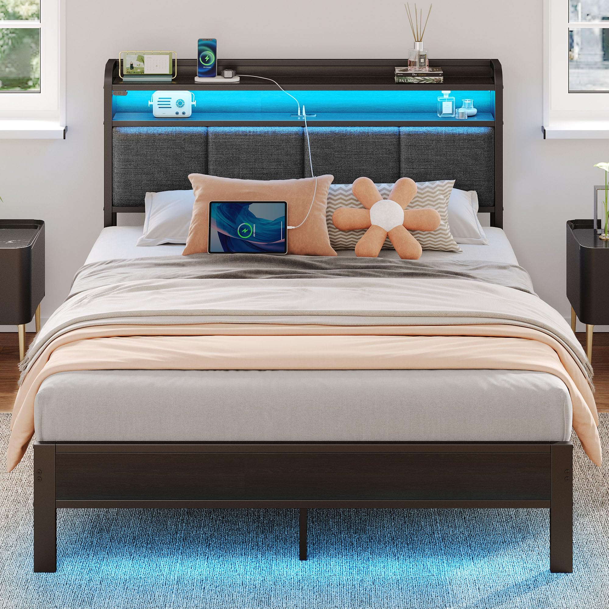 Full Size Bed Frame with LED Lights & Charging Station, Upholstered Headboard with Storage, Metal Slats, Dark Grey, No Box Spring