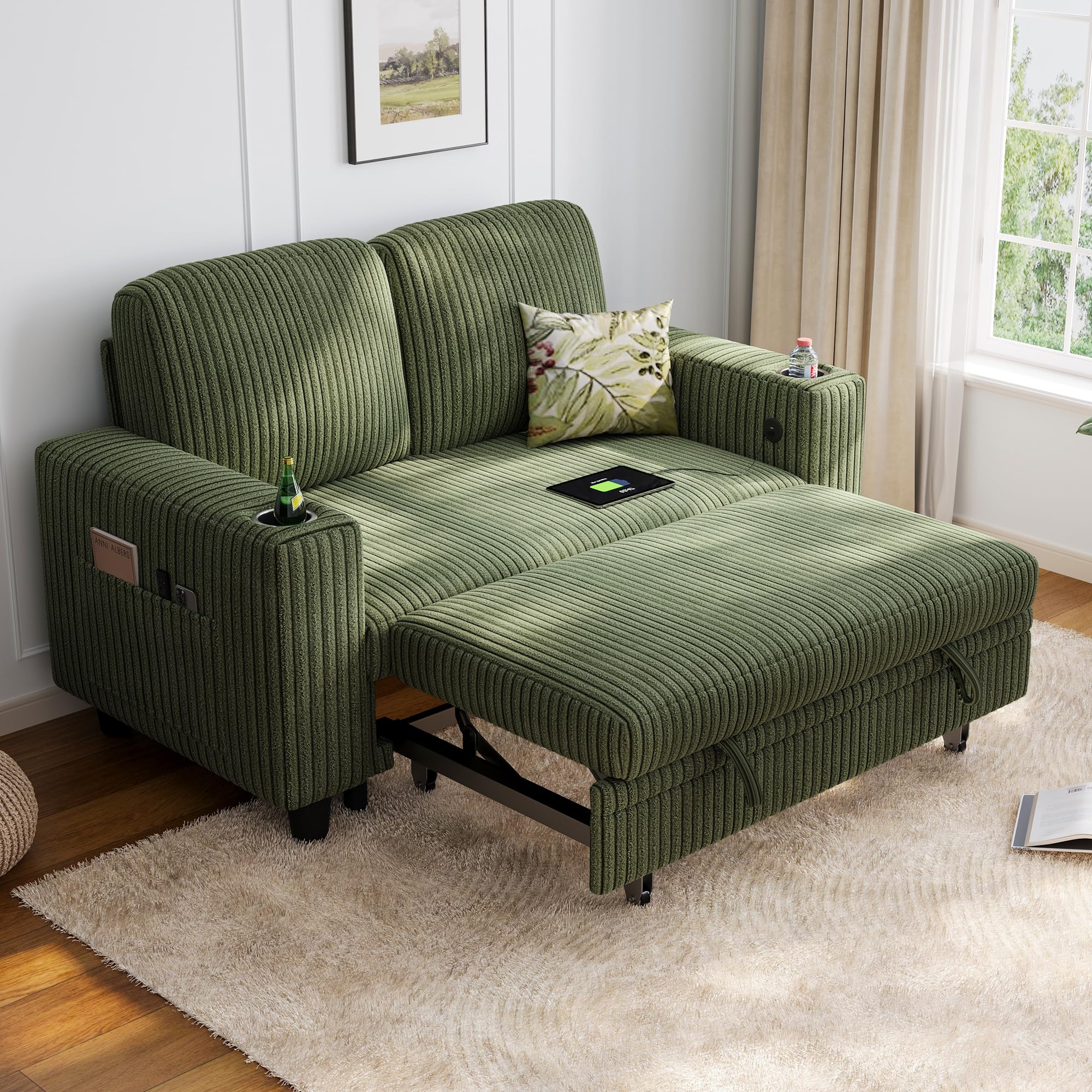 2-in-1 Loveseat Sofa with Pull-Out Chaise, USB Charging & Cup Holders, Plush Corduroy Convertible 2-Seater for Small Spaces, Green