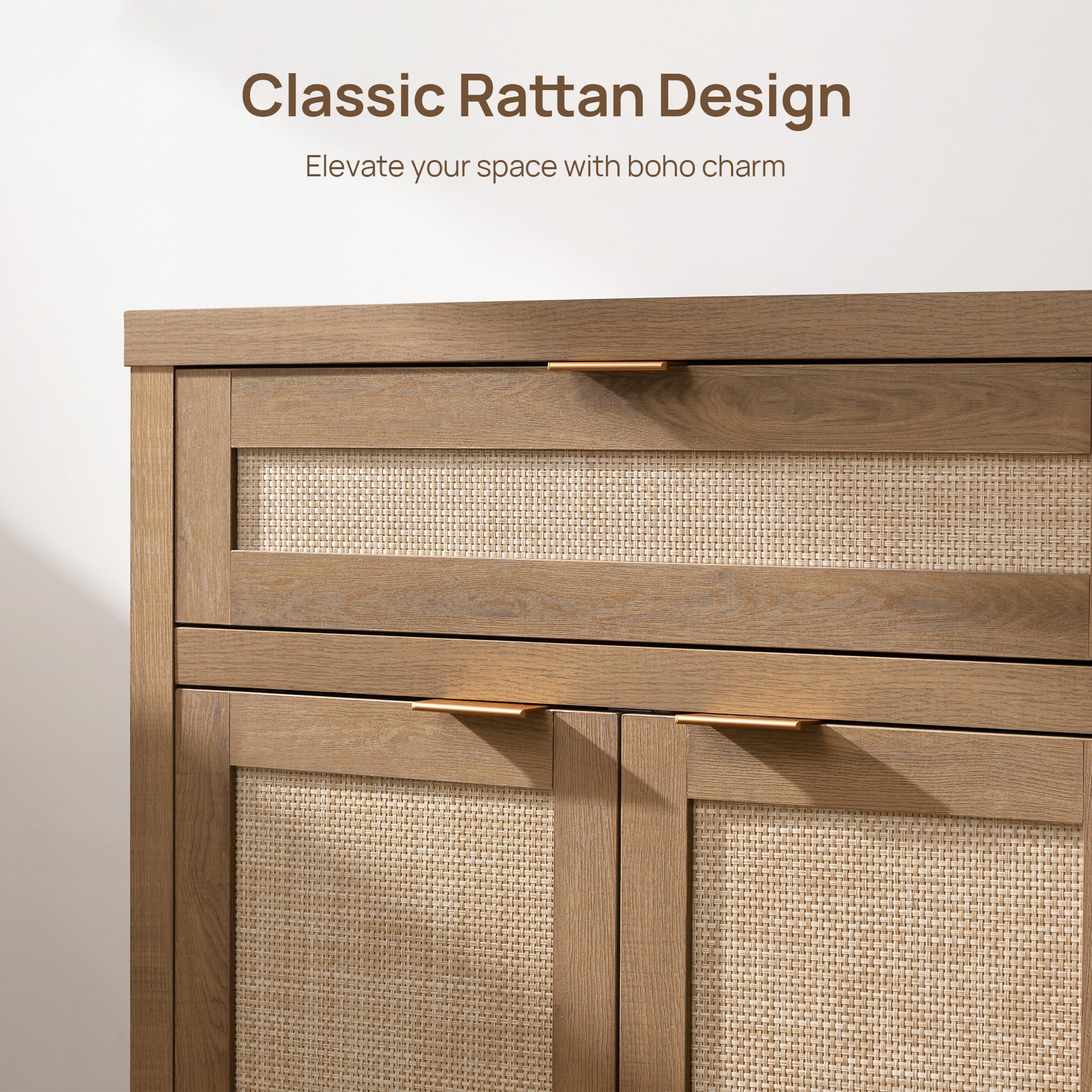 Sideboard Buffet Cabinet Set of 2, Rattan Credenza Storage Cabinet, Boho Buffet Table Console Cabinets with Drawer, Farmhouse Coffee Bar