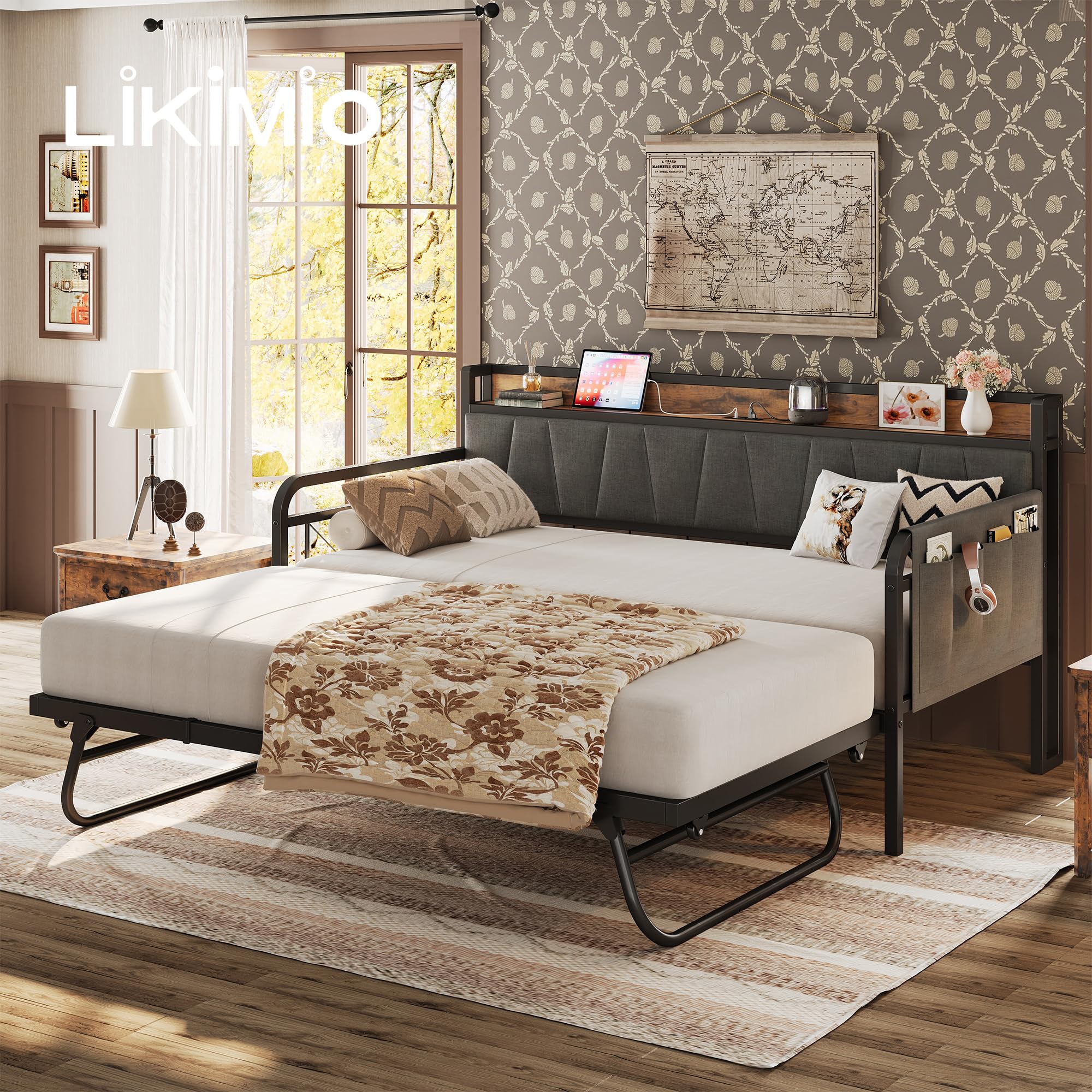 Twin Daybed with Trundle, Bed Frame with Storage Headboard & Charging Station, Sofa Bed for Bedroom, Guest Room, Grey