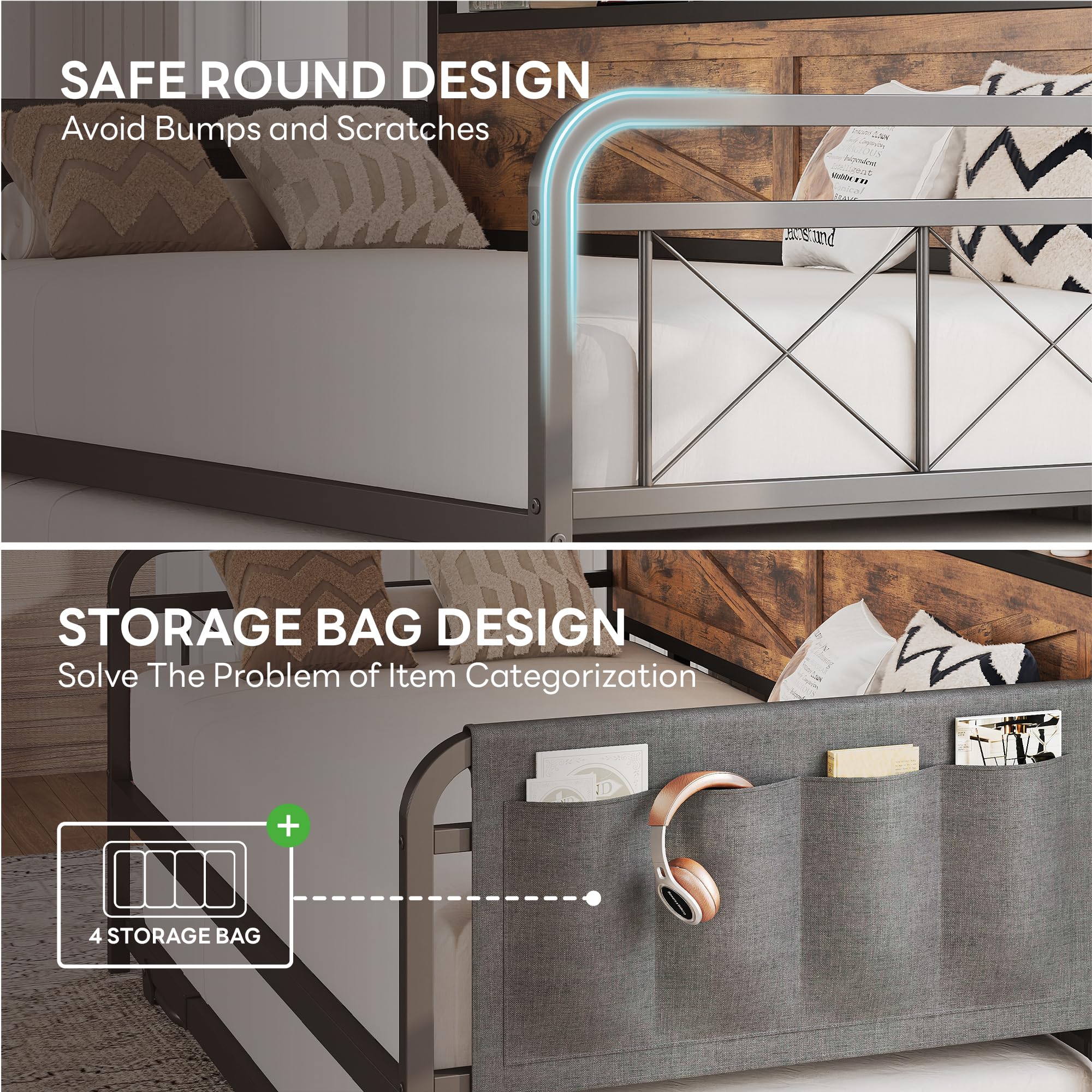 Twin Daybed with Trundle, Storage Headboard with Charging Station, Sturdy Sofa Bed for Bedroom, Living Room, Industrial Brown