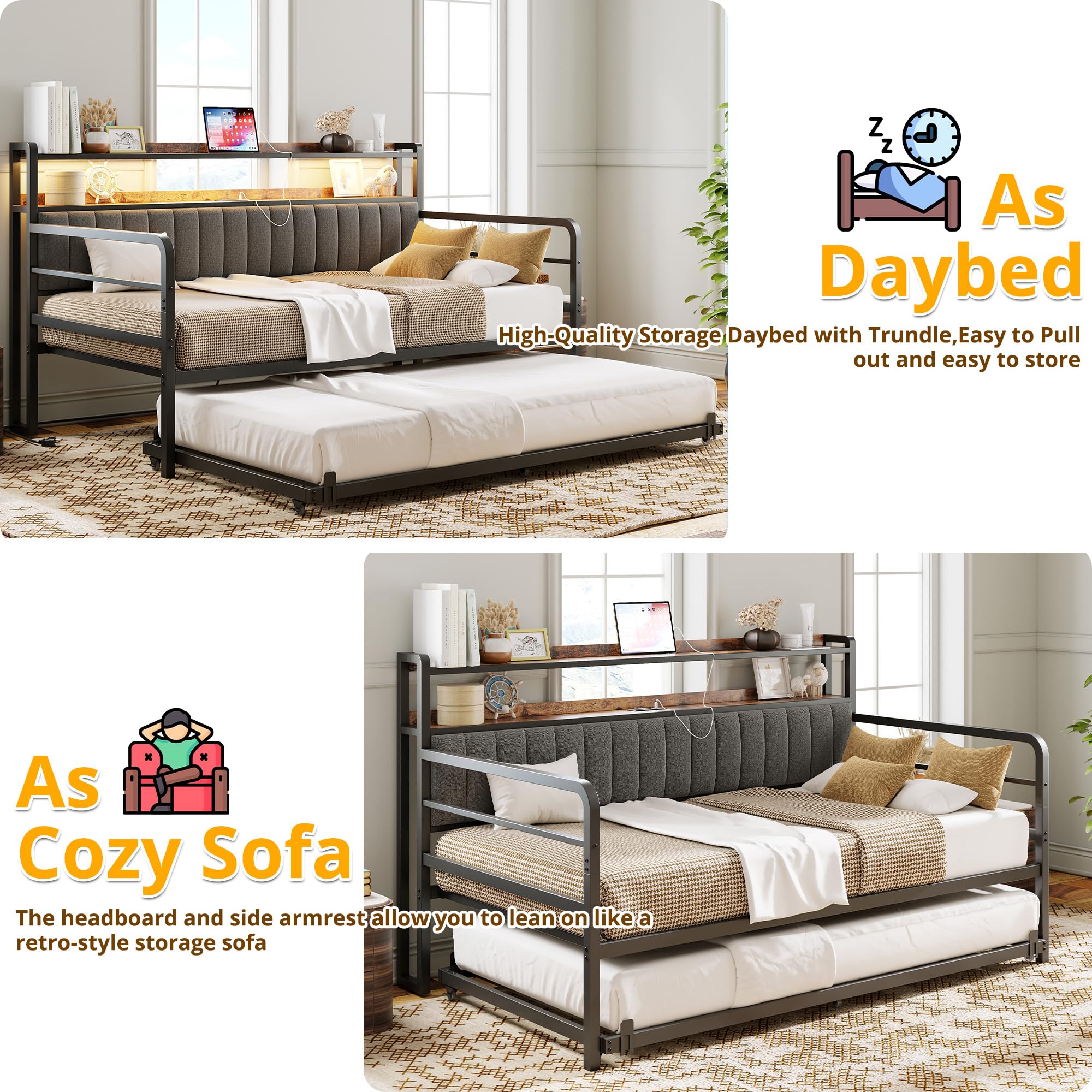 Twin Daybed with Trundle, LED Lights, Charging Station, 2-Tier Storage Shelves & Upholstered Headboard, Metal Frame, Bedroom