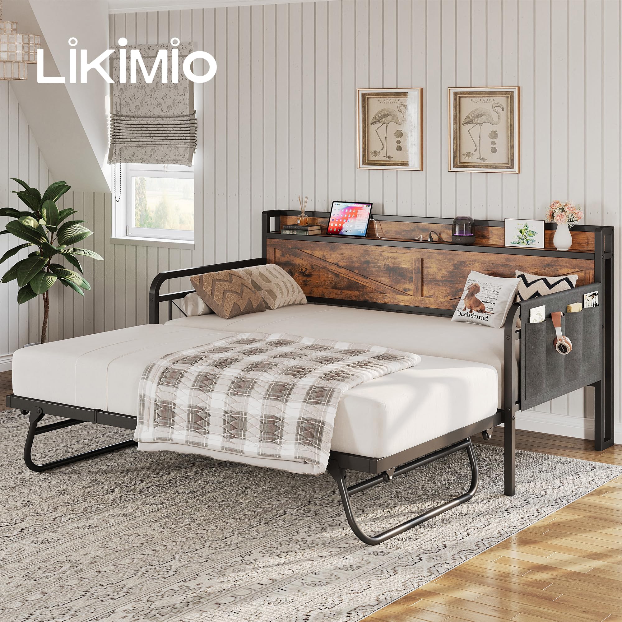 Twin Daybed with Trundle, Storage Headboard with Charging Station, Sturdy Sofa Bed for Bedroom, Living Room, Industrial Brown