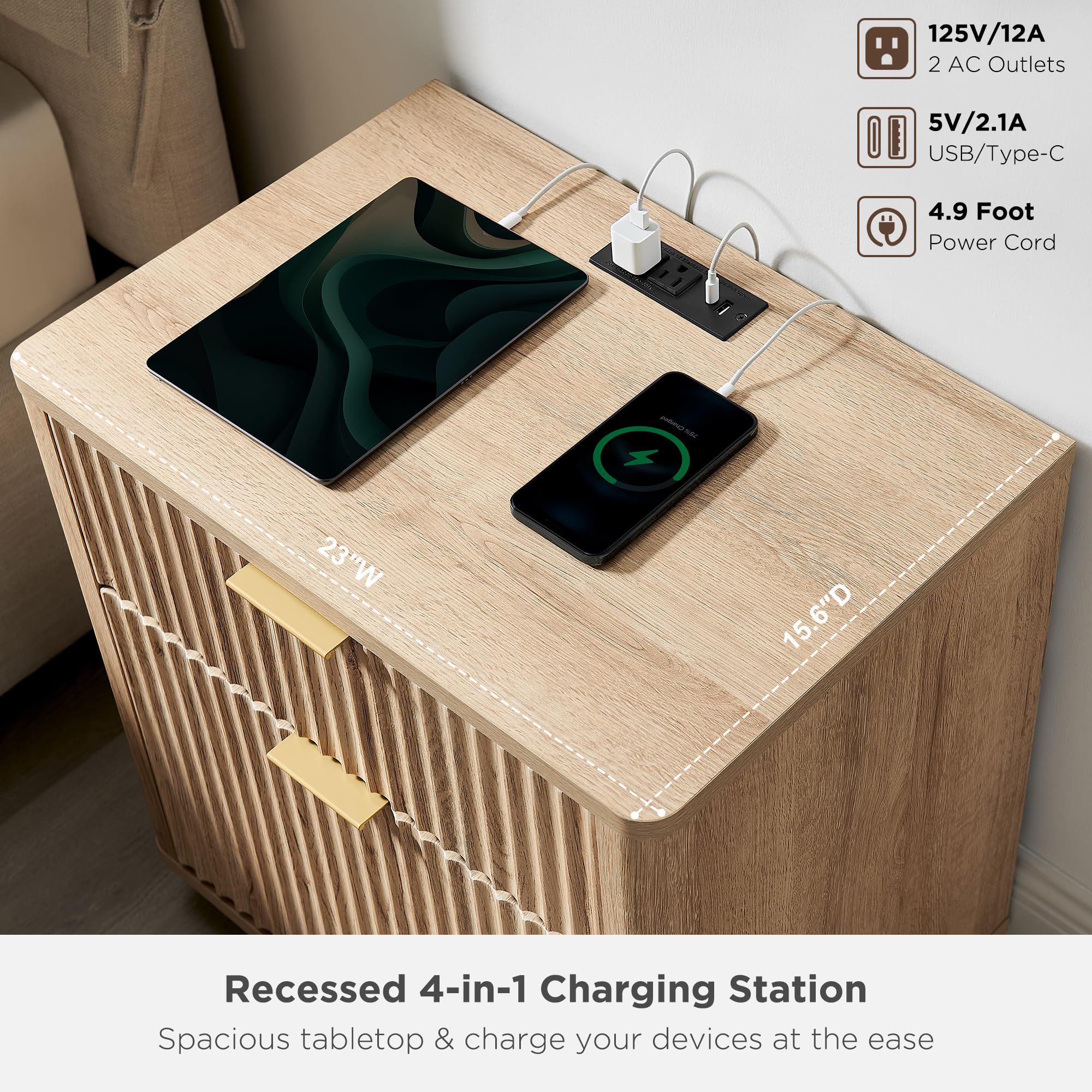 23" Fluted Nightstand with Charging Station, 2-Drawer Bedside Table, Modern End Table for Bedroom & Living Room, Natural Oak Finish