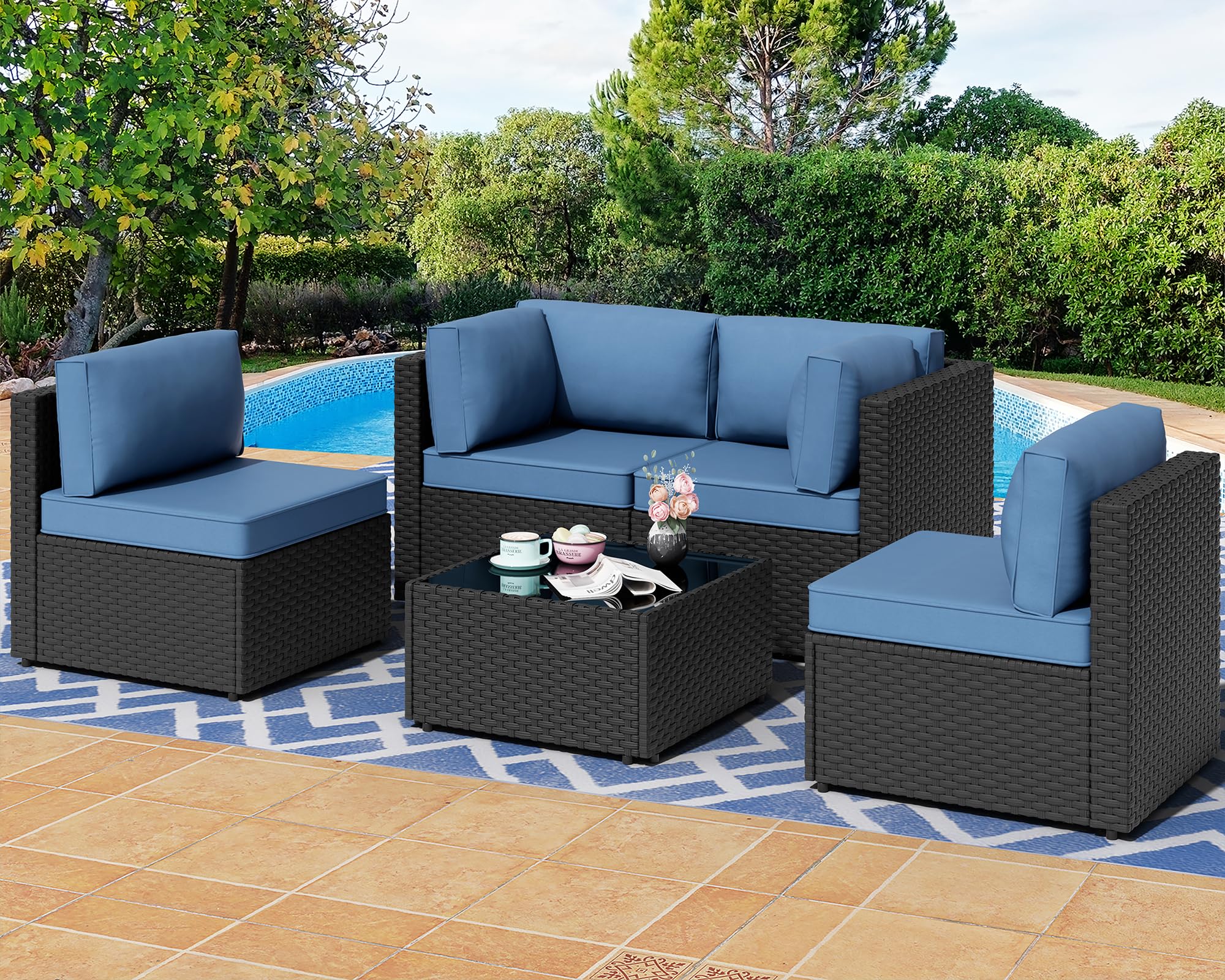 5 Pieces Outdoor Patio Sectional Sofa Couch, PE Wicker Furniture Set with Cushions and Glass Coffee Table for Garden, Poolside, Backyard, Blue