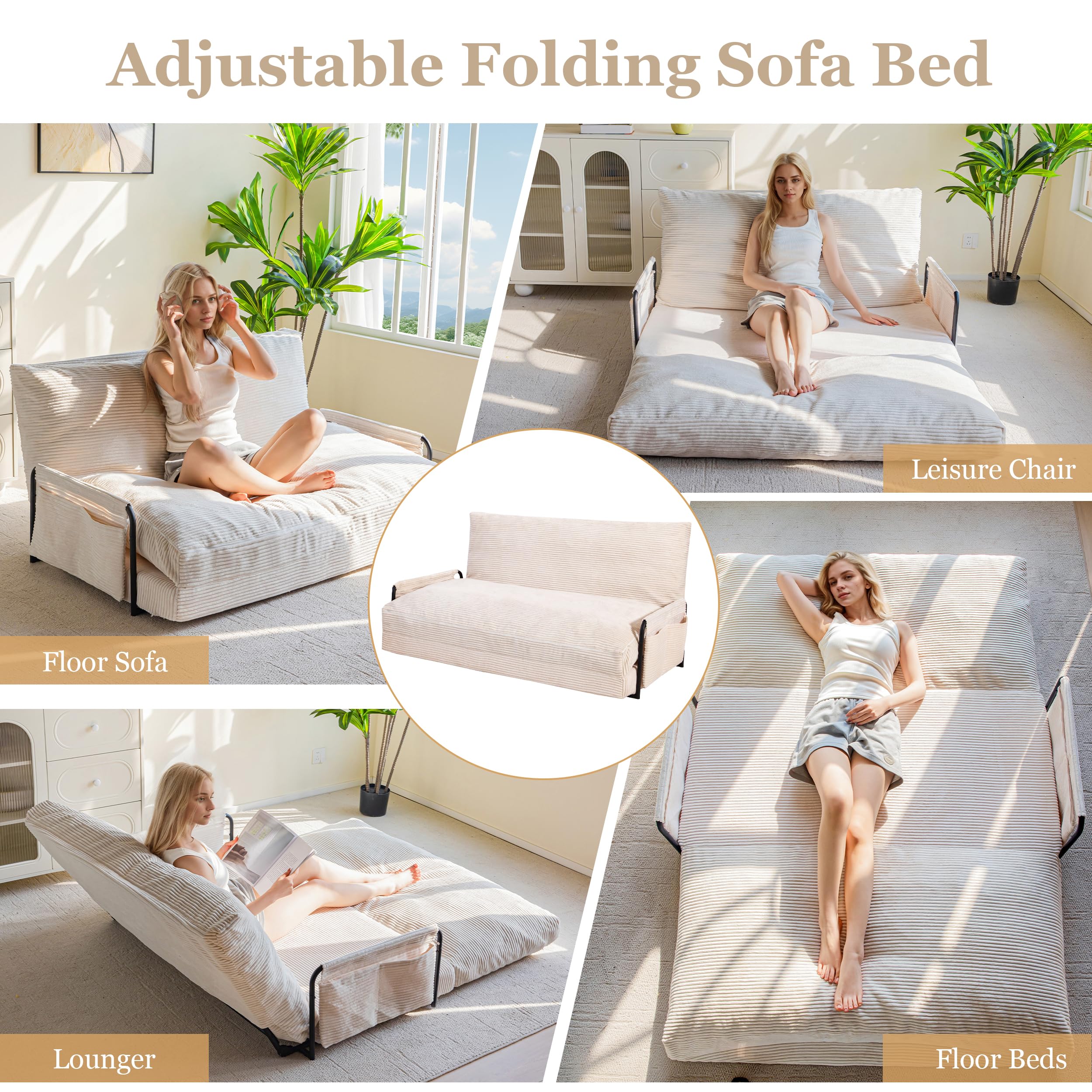 Lazy Floor Sofa Convertible Bean Bag Sofa Bed Couch, 5-Position Foldable Sleeper Chair with Armrest, Ideal for Reading & Gaming