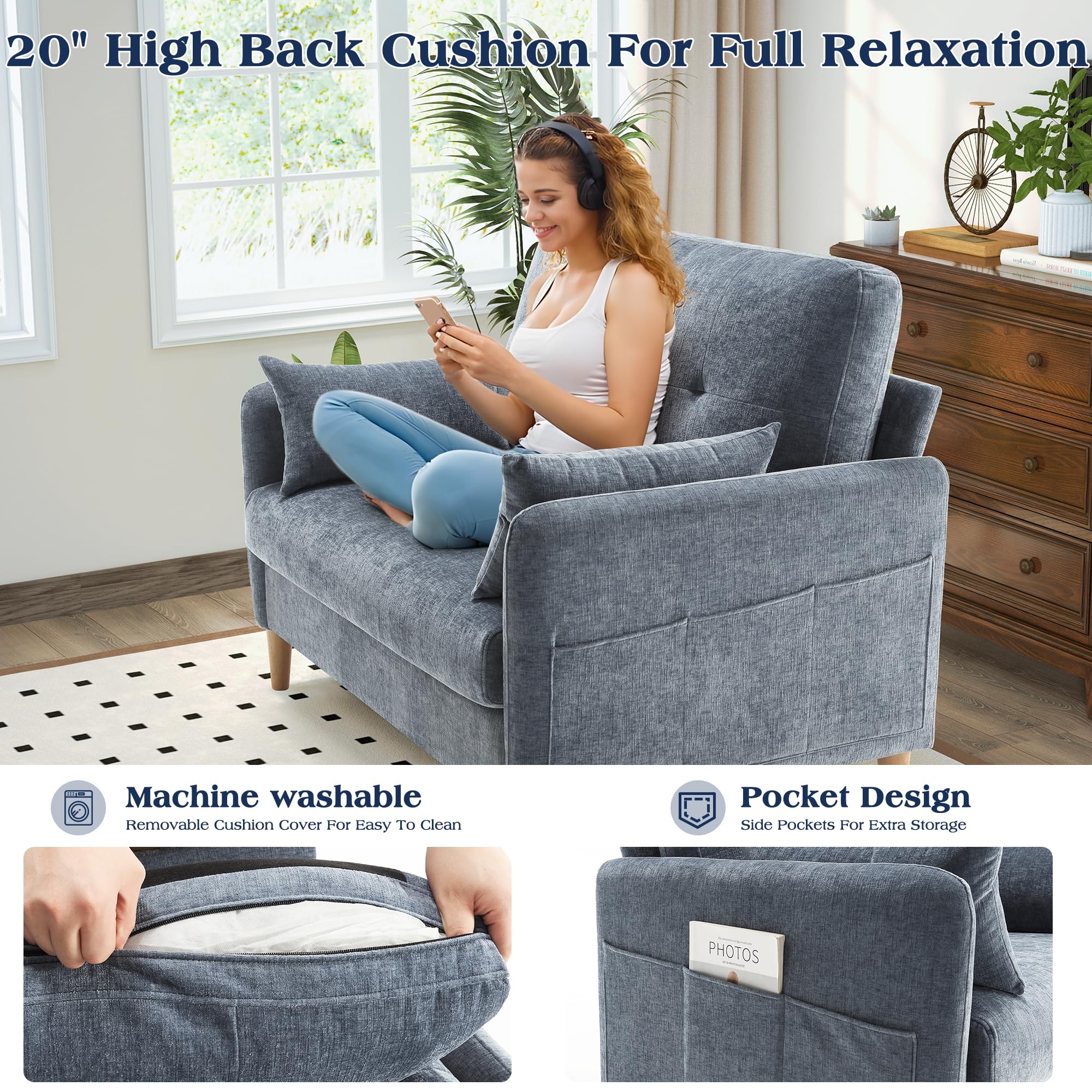 47” Loveseat Sofa, Small Comfy Chenille Couch for Living Room & Bedroom, Removable Cushion Cover with Throw Pillow, Perfect for Small Spaces